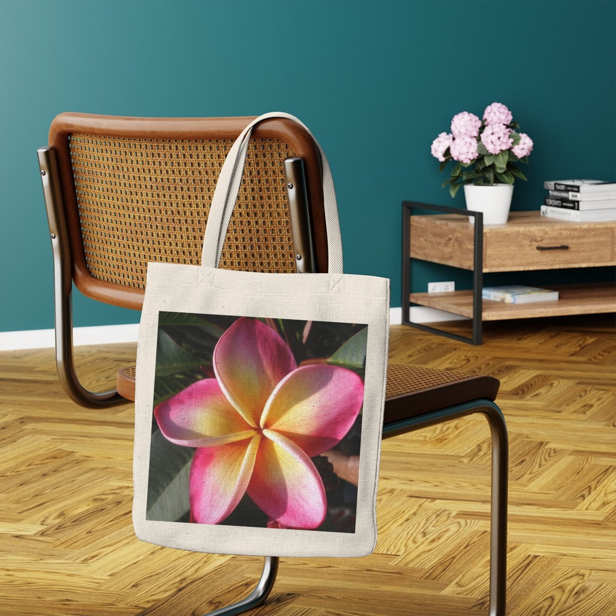 Homegrown Frangipani Tote Bag – Pink & Yellow Flower Design – Eco Canvas Shopper with Natural Handles