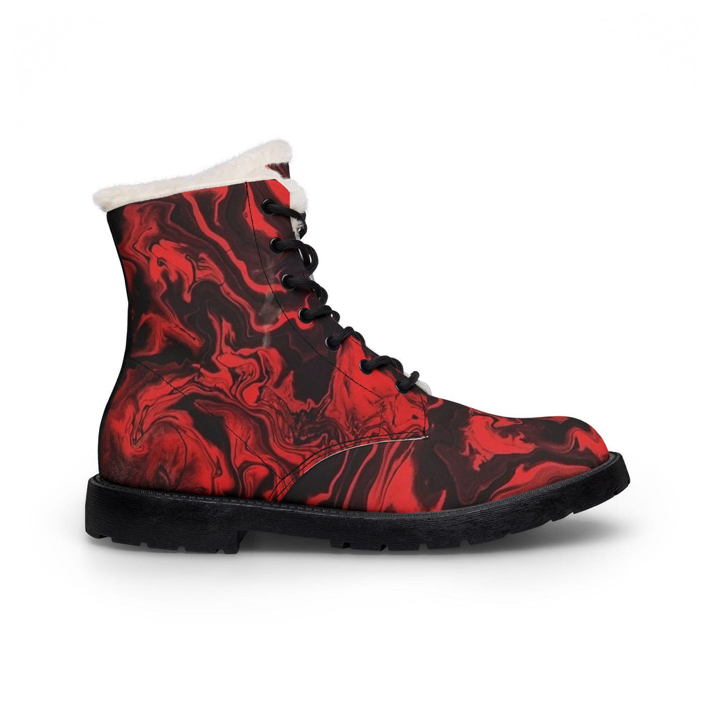 Red Marble Swirl Fur-Lined Leather Boots | Winter Lace-Up Ankle Boots