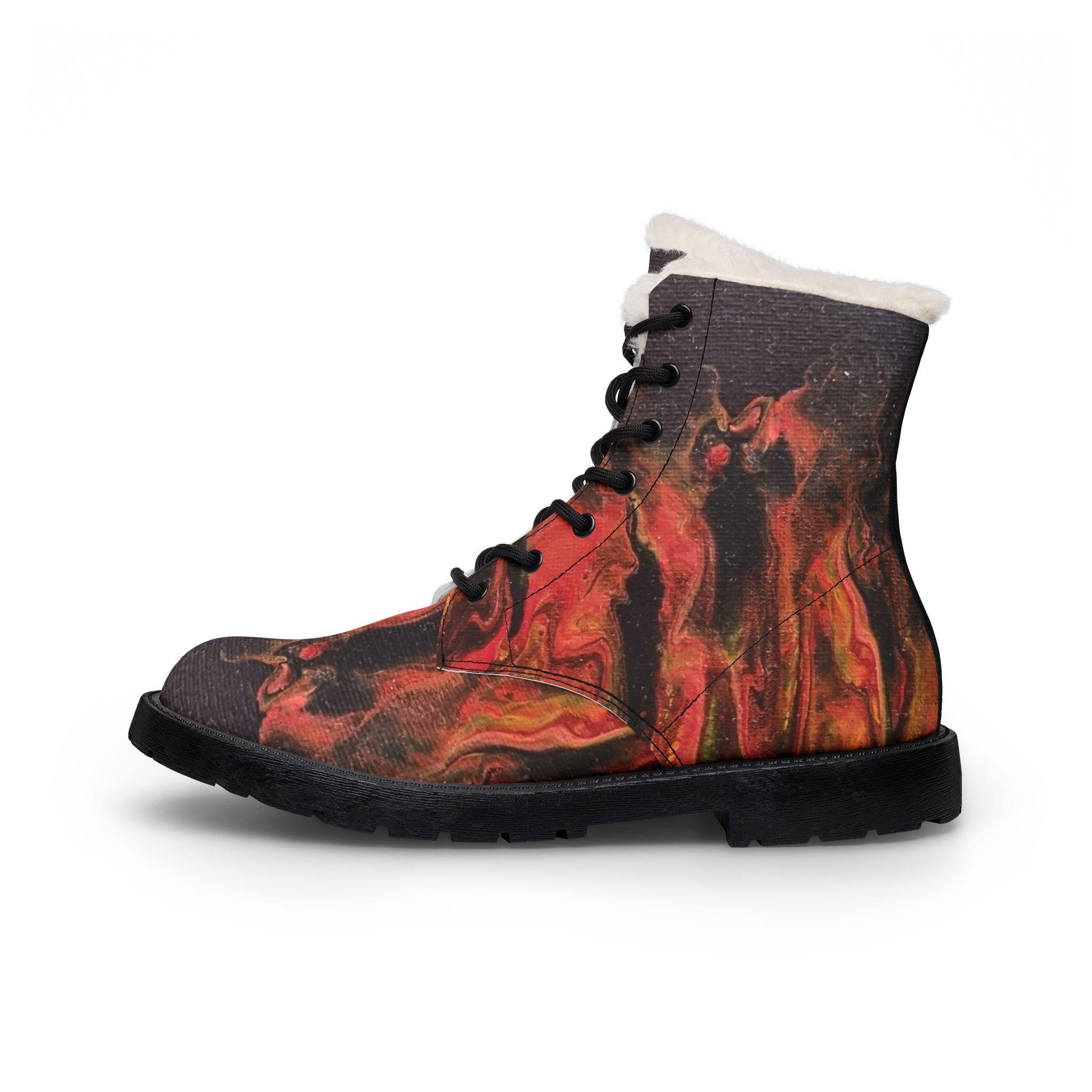 Abstract Red Flame Pattern Boots | Fur-Lined Leather Ankle Boots