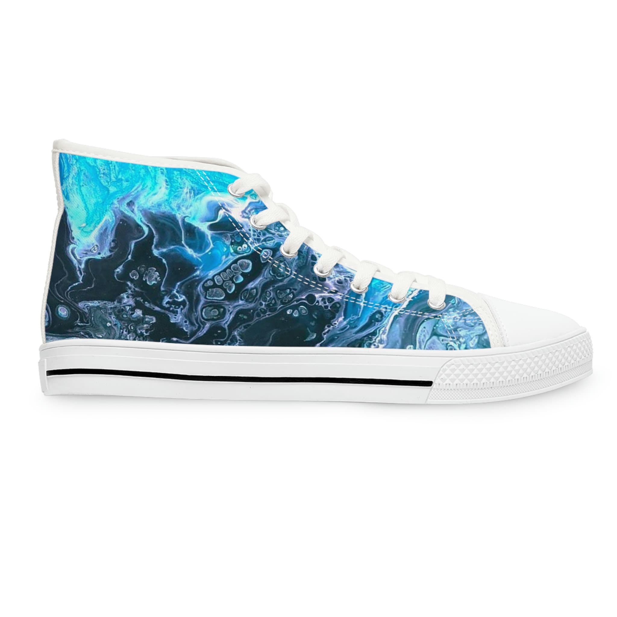 Ocean-Inspired High Top Sneakers – Unisex Bubble Wave Design – Blue Swirl Sea Shoes
