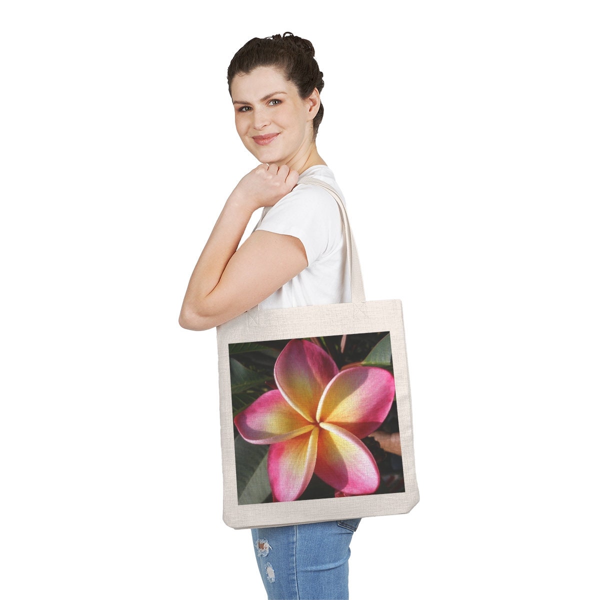 Homegrown Frangipani Tote Bag – Pink & Yellow Flower Design – Eco Canvas Shopper with Natural Handles