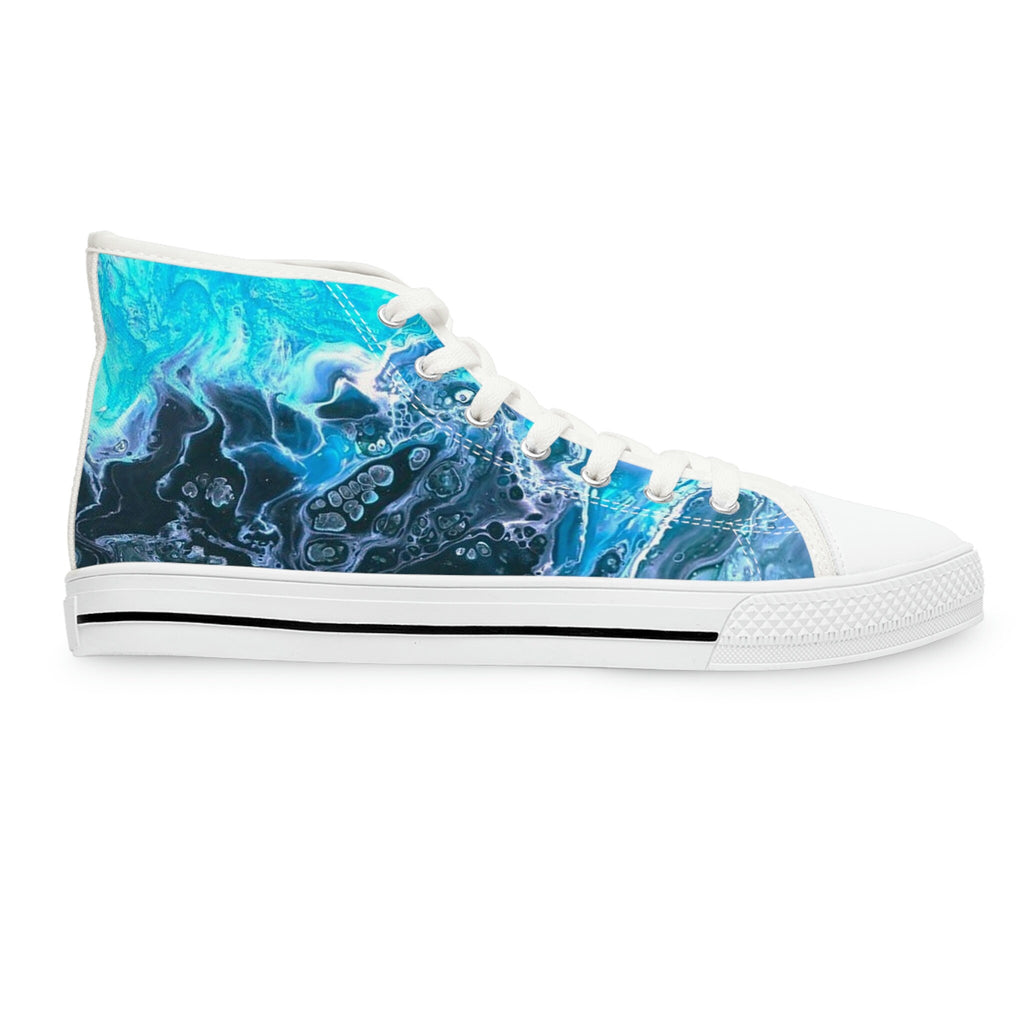 Ocean-Inspired High Top Sneakers – Unisex Bubble Wave Design – Blue Swirl Sea Shoes