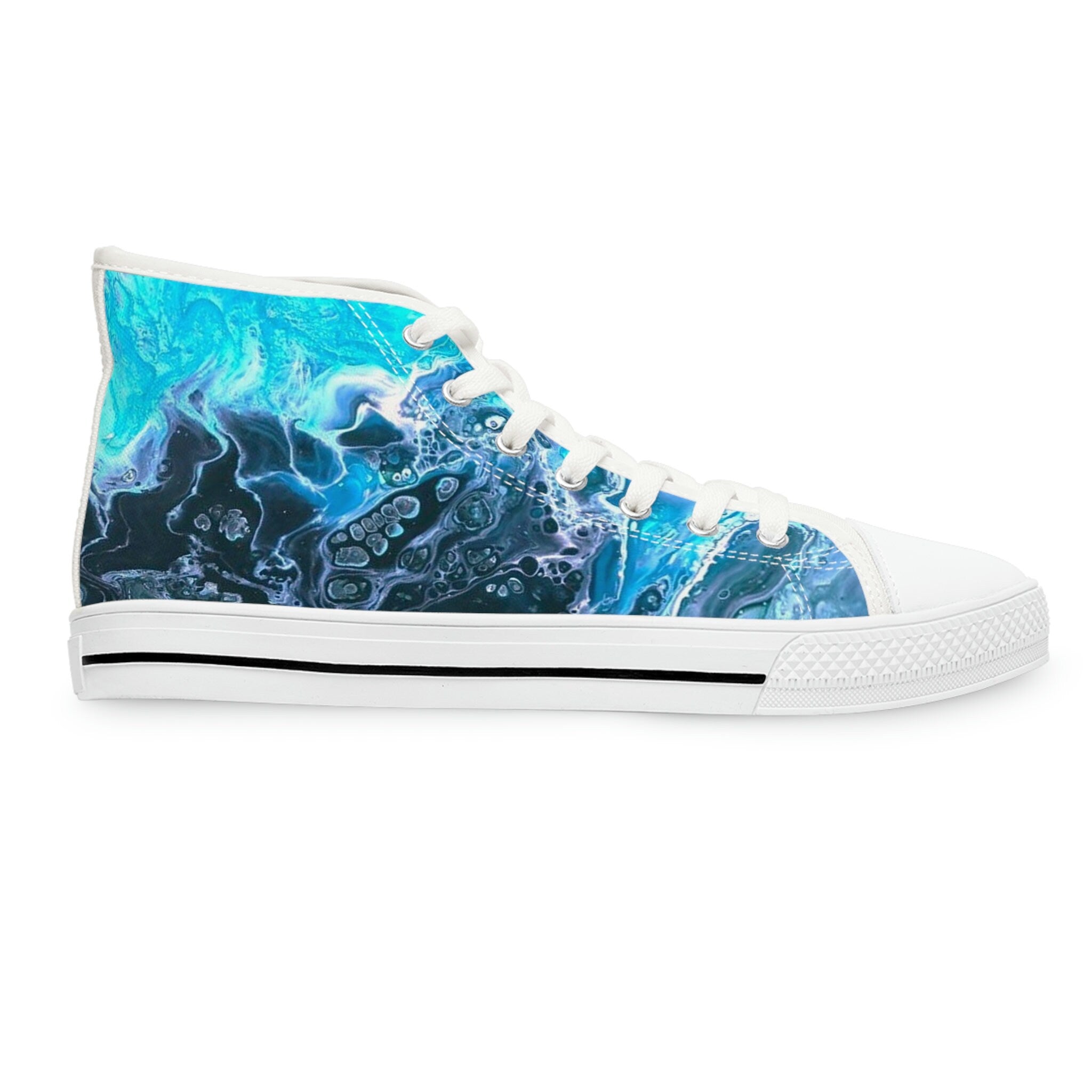 Ocean-Inspired High Top Sneakers – Unisex Bubble Wave Design – Blue Swirl Sea Shoes