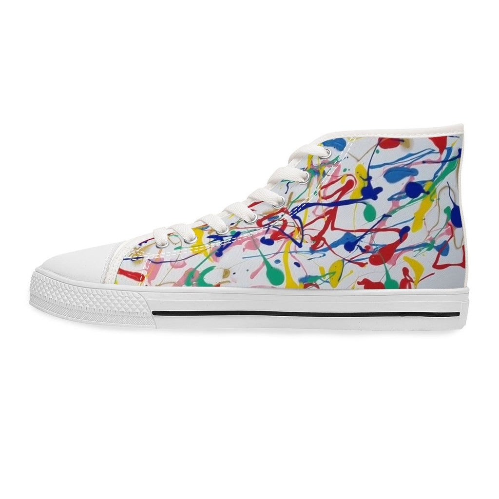 Rainbow Riot High-Top Boots – Multicolor Abstract Paint Splash Design on Eco Canvas