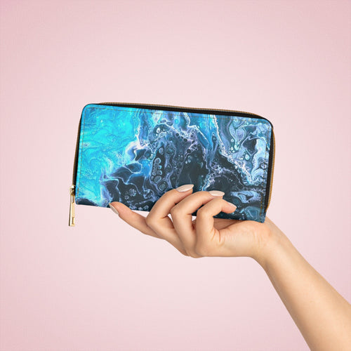 Blue Water Bubbles Faux Leather Wallet: Artistic Zip Pouch