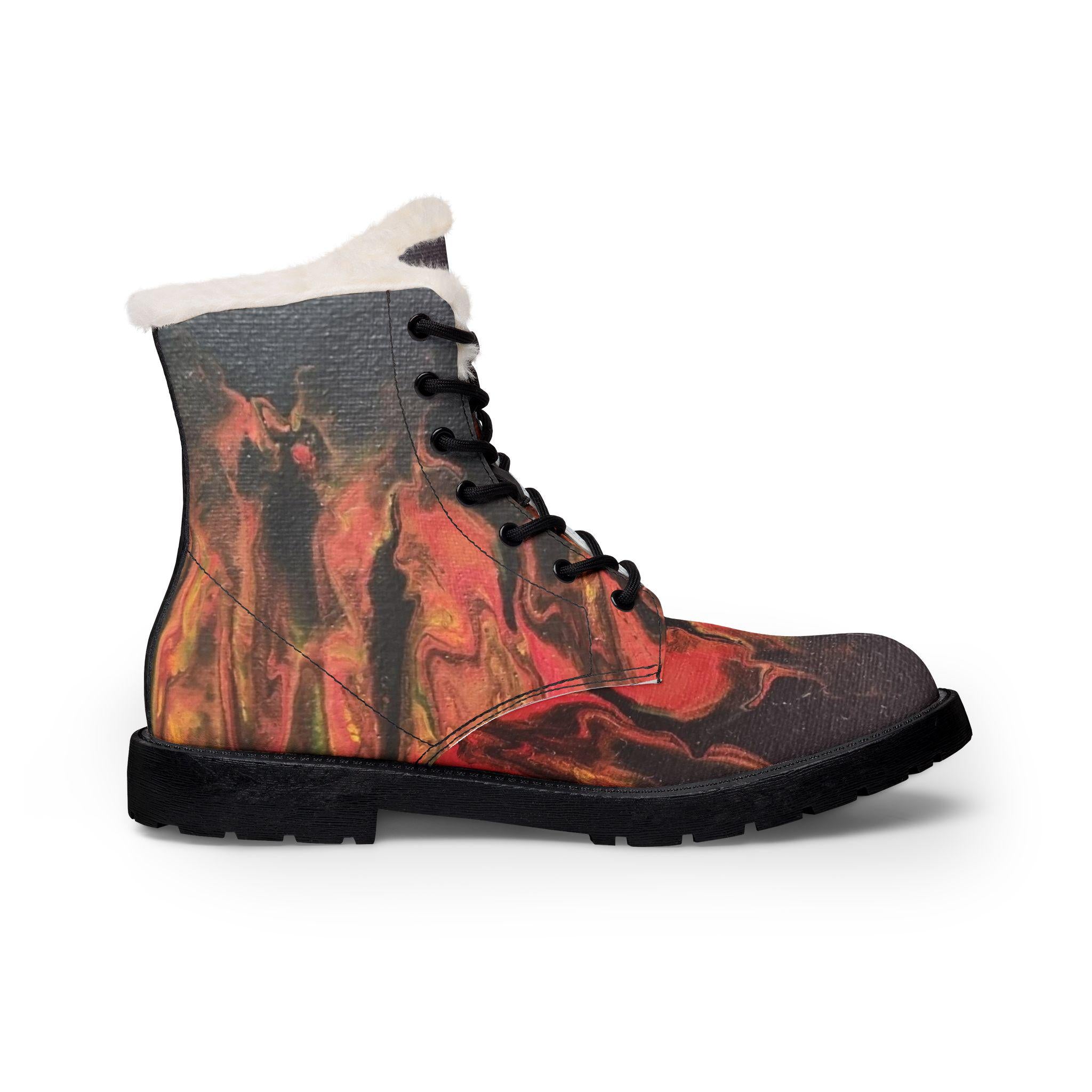 Abstract Red Flame Pattern Boots | Fur-Lined Leather Ankle Boots