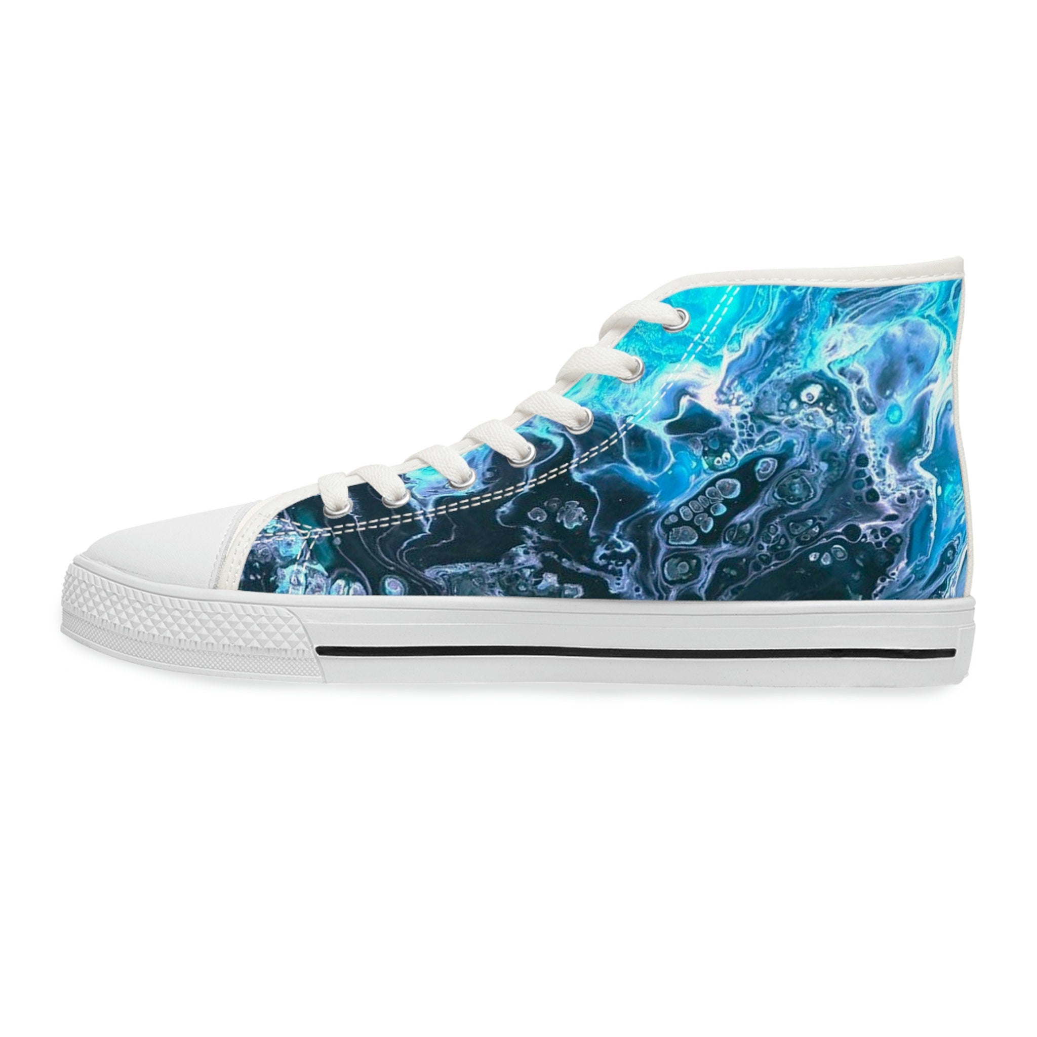 Ocean-Inspired High Top Sneakers – Unisex Bubble Wave Design – Blue Swirl Sea Shoes