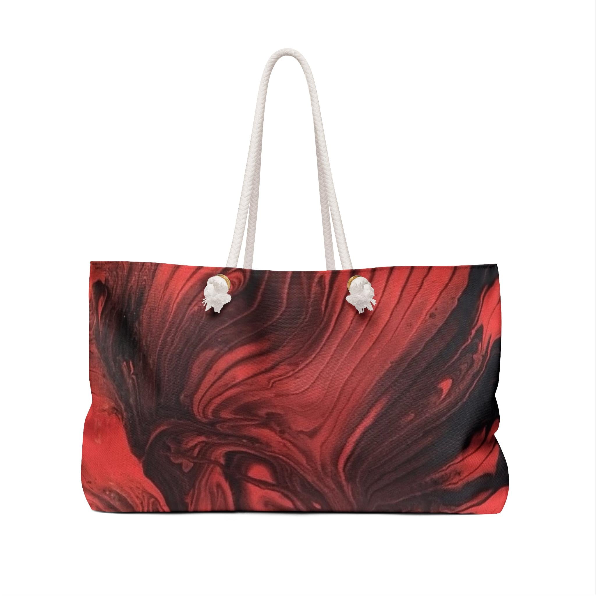 Red & Black Chain Art Shopper Bag: Bold Polyester Tote