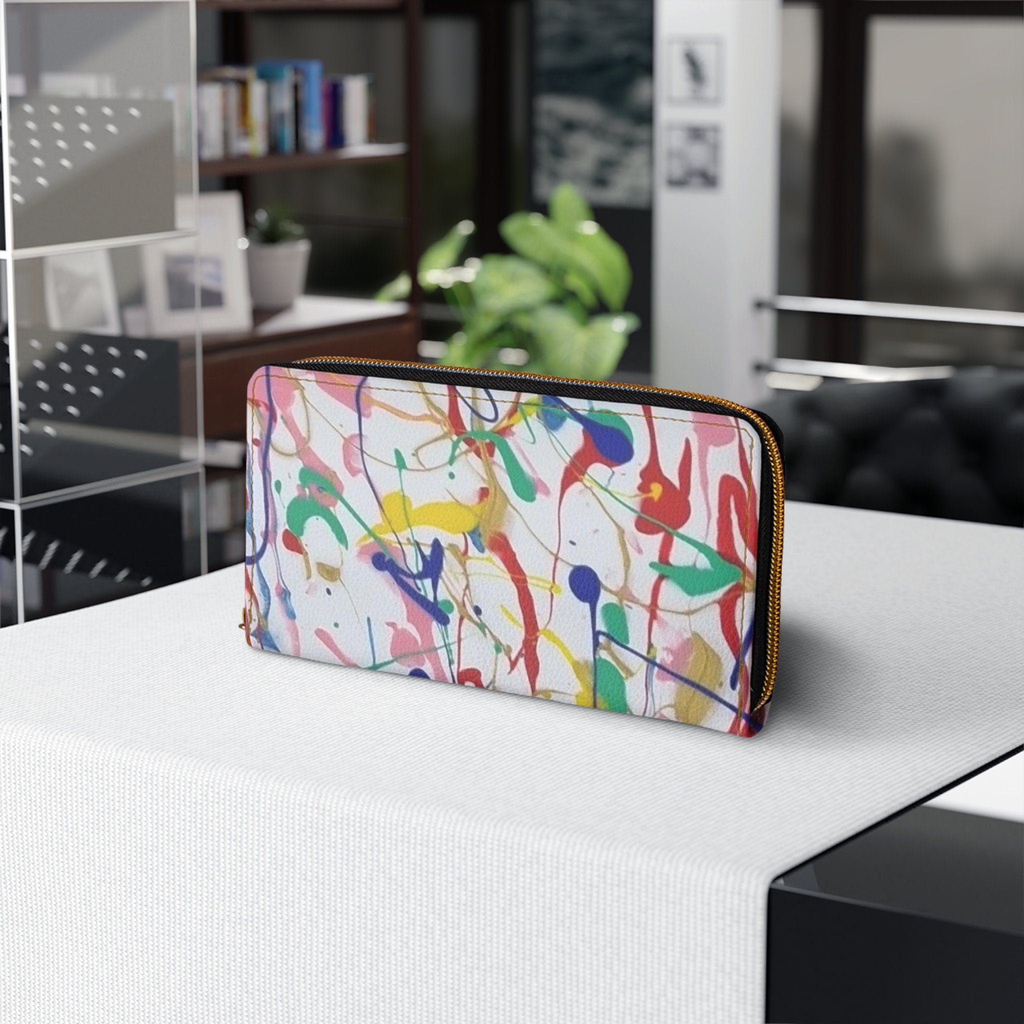 Rainbow Riot Vegan Leather Wallet: Abstract Art Zip-Around