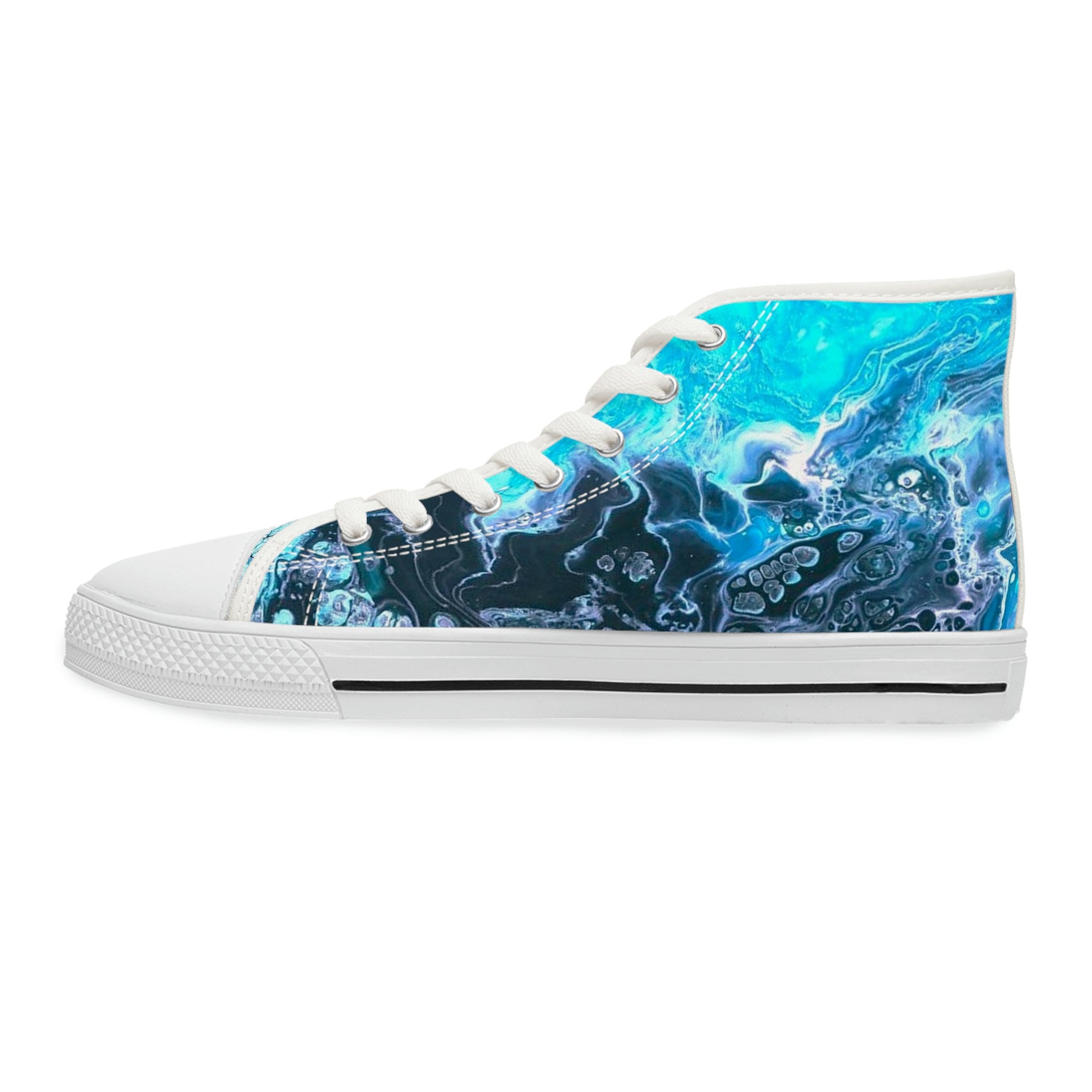 Ocean-Inspired High Top Sneakers – Unisex Bubble Wave Design – Blue Swirl Sea Shoes