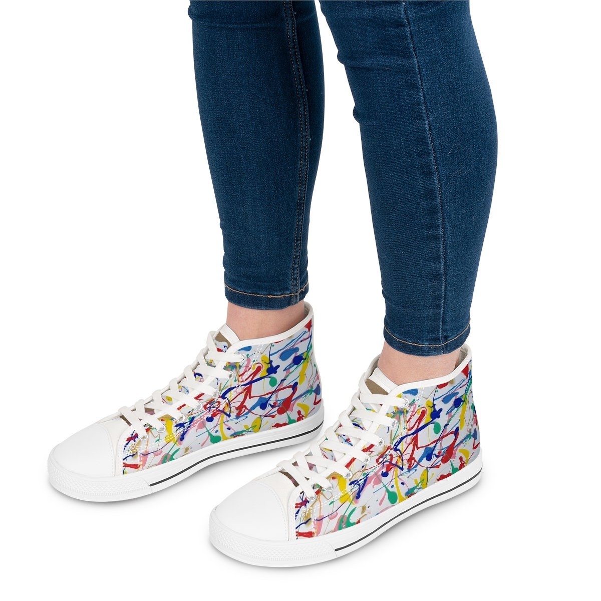 Rainbow Riot High-Top Boots – Multicolor Abstract Paint Splash Design on Eco Canvas