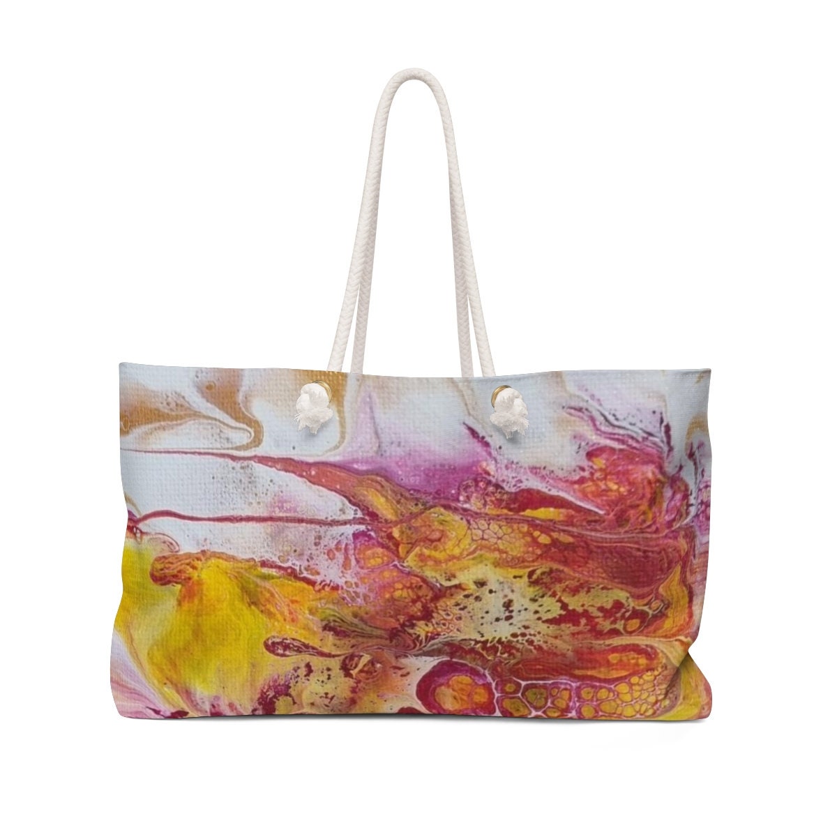 Sunset Swirl Tote – Marbled Weekender Bag with White Rope Handles – Gift for Art Lovers