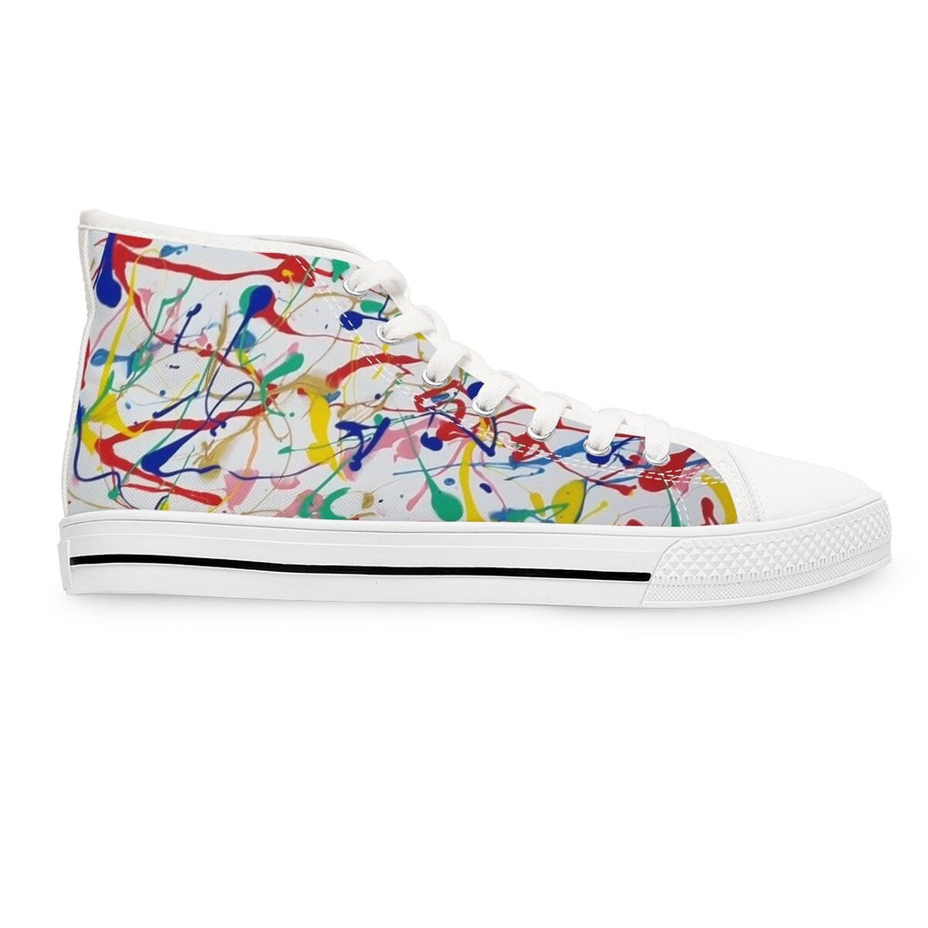 Rainbow Riot High-Top Boots – Multicolor Abstract Paint Splash Design on Eco Canvas