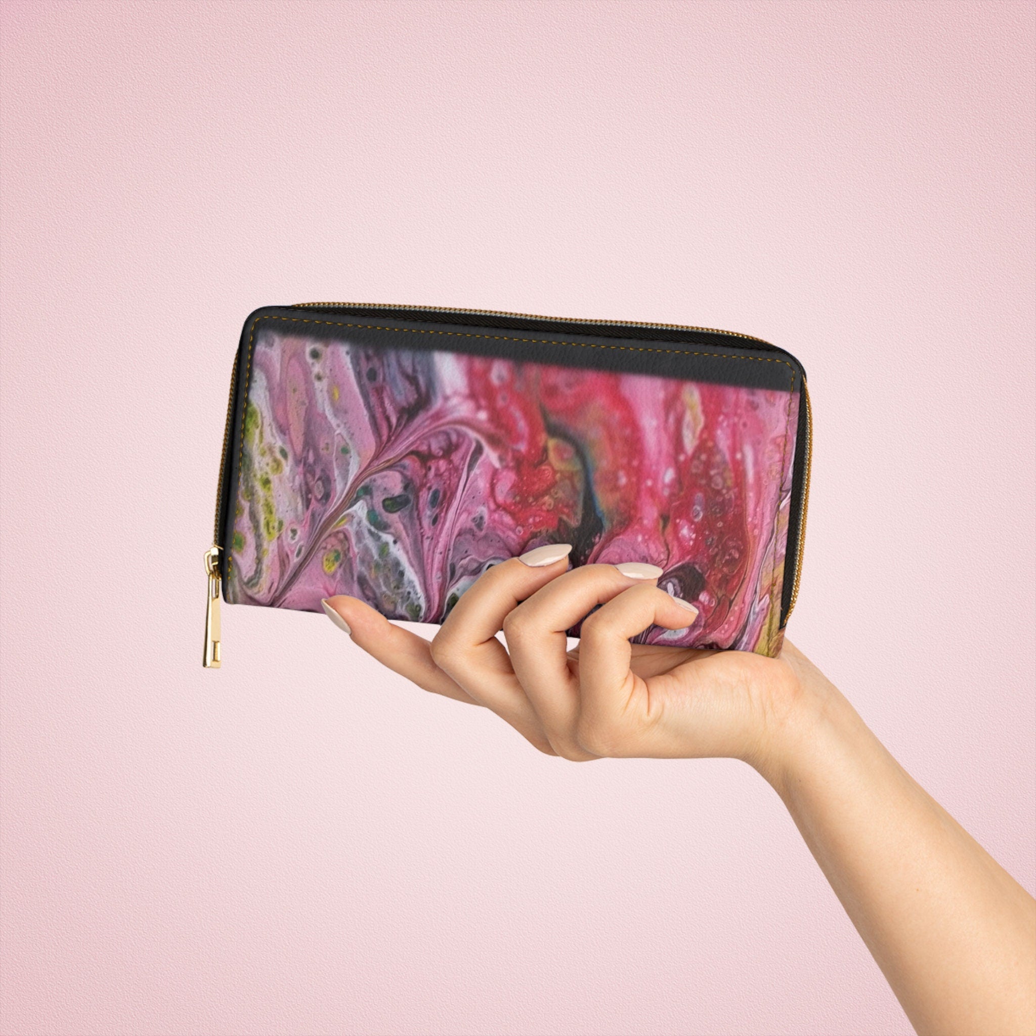 Paint Pulse Zipper Wallet – Abstract Marbled Art Clutch with Gold Zipper