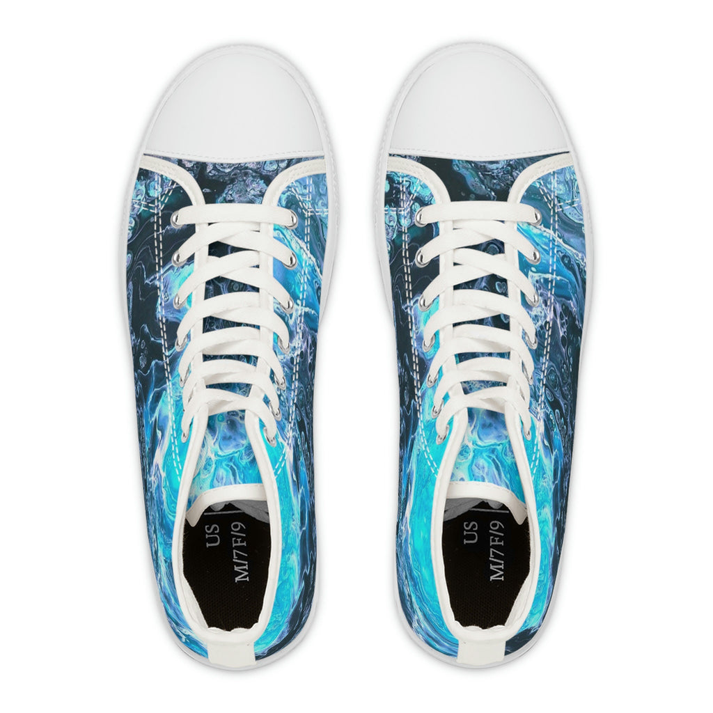 Ocean-Inspired High Top Sneakers – Unisex Bubble Wave Design – Blue Swirl Sea Shoes