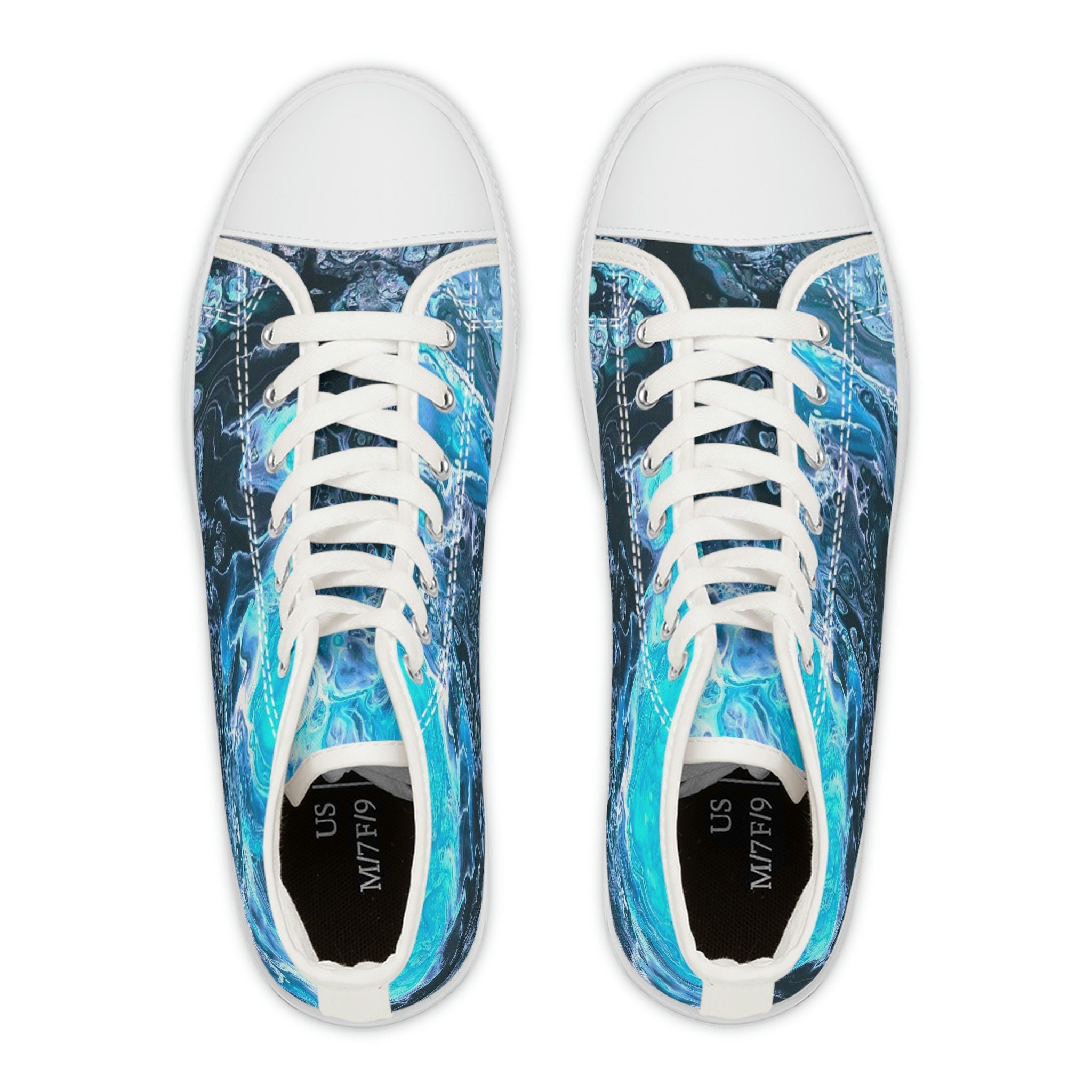 Ocean-Inspired High Top Sneakers – Unisex Bubble Wave Design – Blue Swirl Sea Shoes