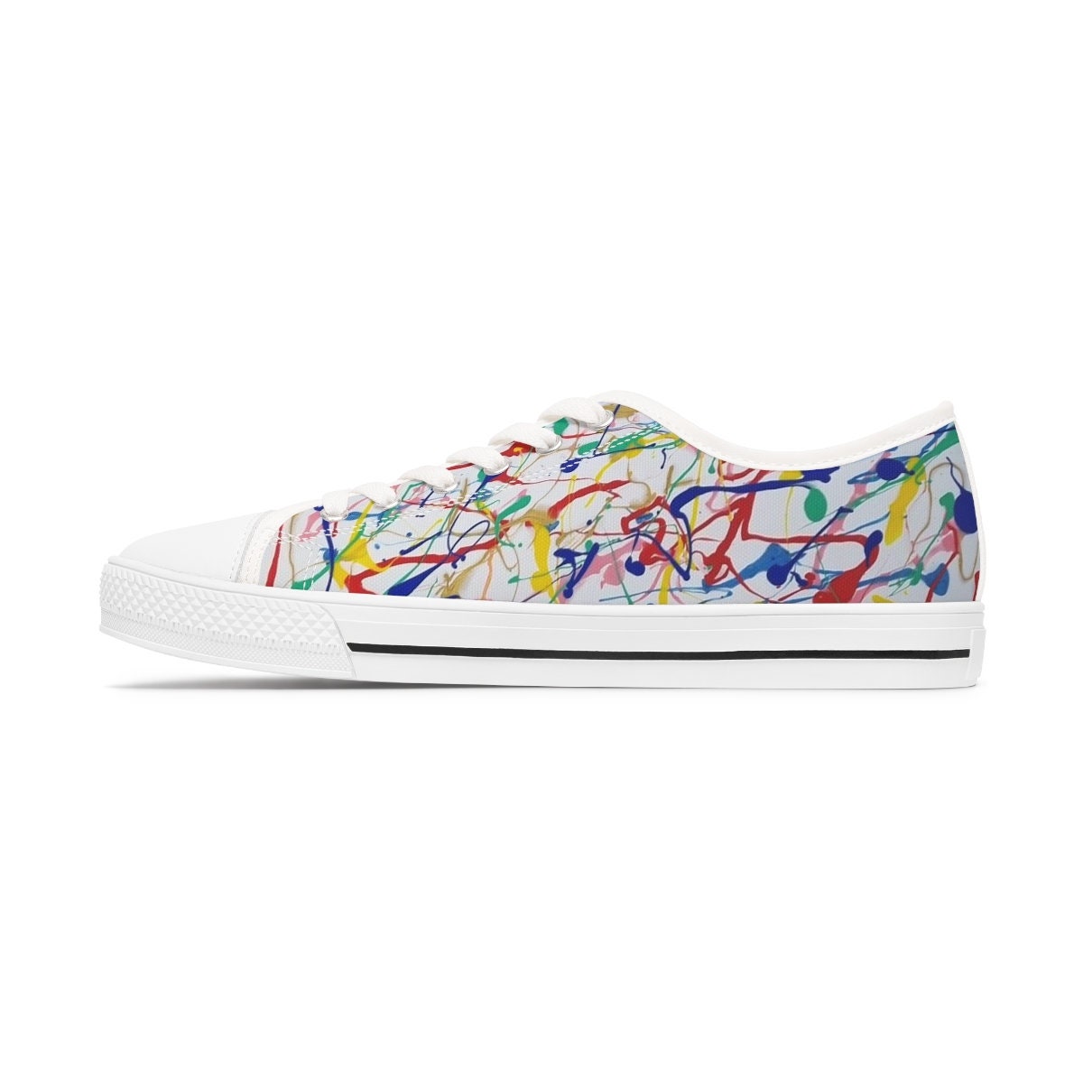 Rainbow Riot Low-Top Sneakers – Multicolor Paint Splash Design on Eco Canvas with White Sole