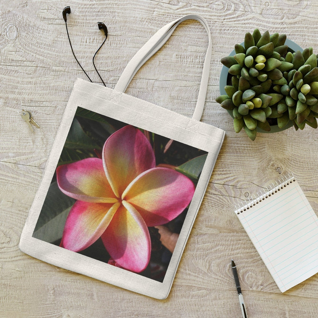 Homegrown Frangipani Tote Bag – Pink & Yellow Flower Design – Eco Canvas Shopper with Natural Handles