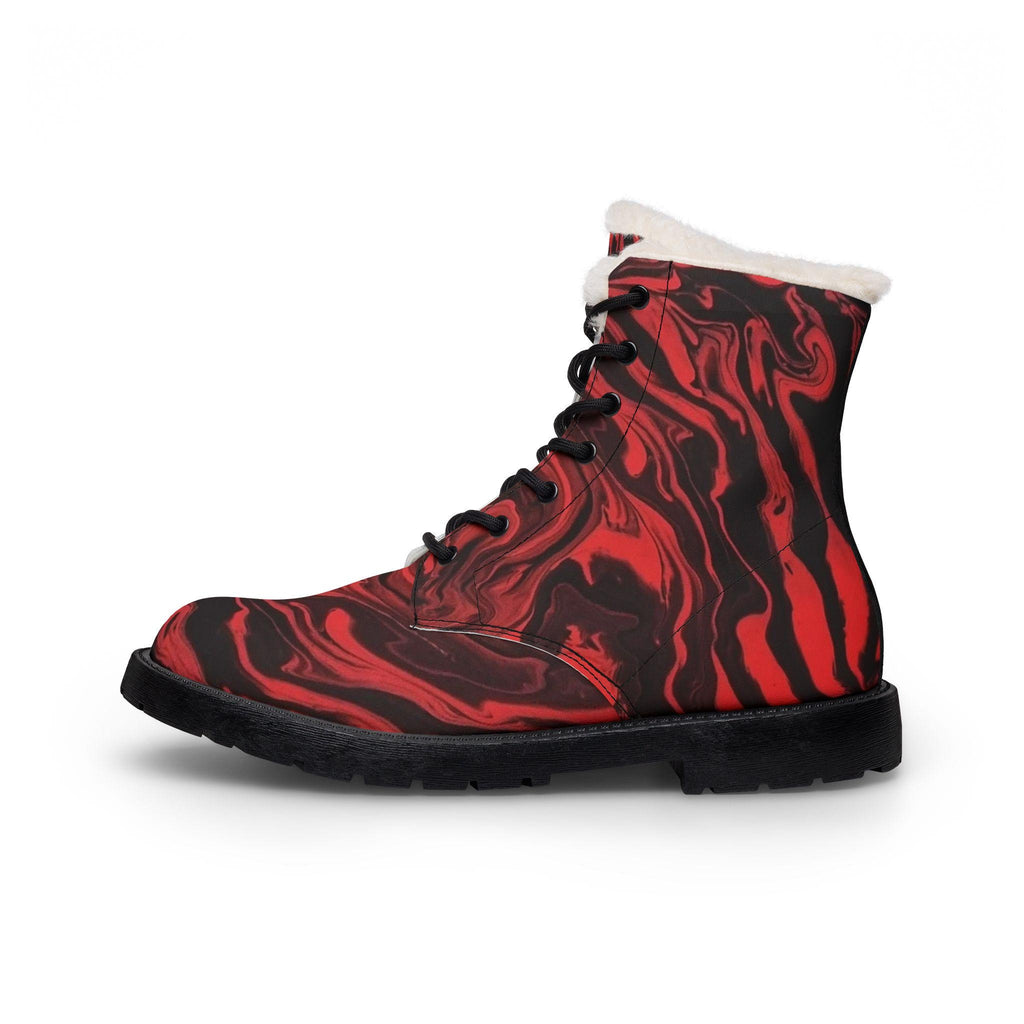 Red Marble Swirl Fur-Lined Leather Boots | Winter Lace-Up Ankle Boots