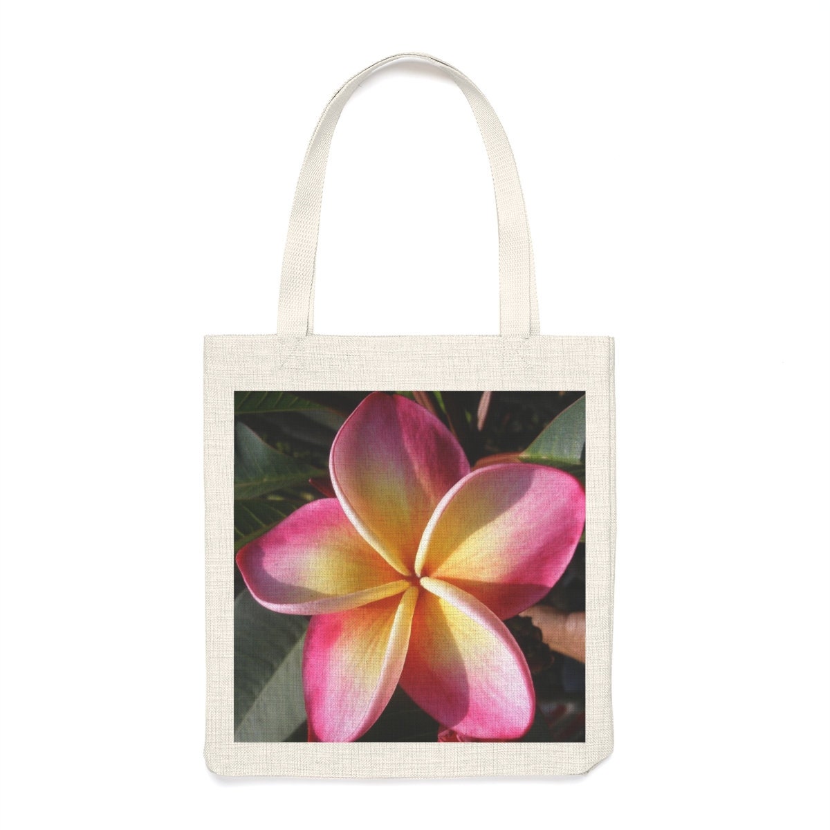 Homegrown Frangipani Tote Bag – Pink & Yellow Flower Design – Eco Canvas Shopper with Natural Handles