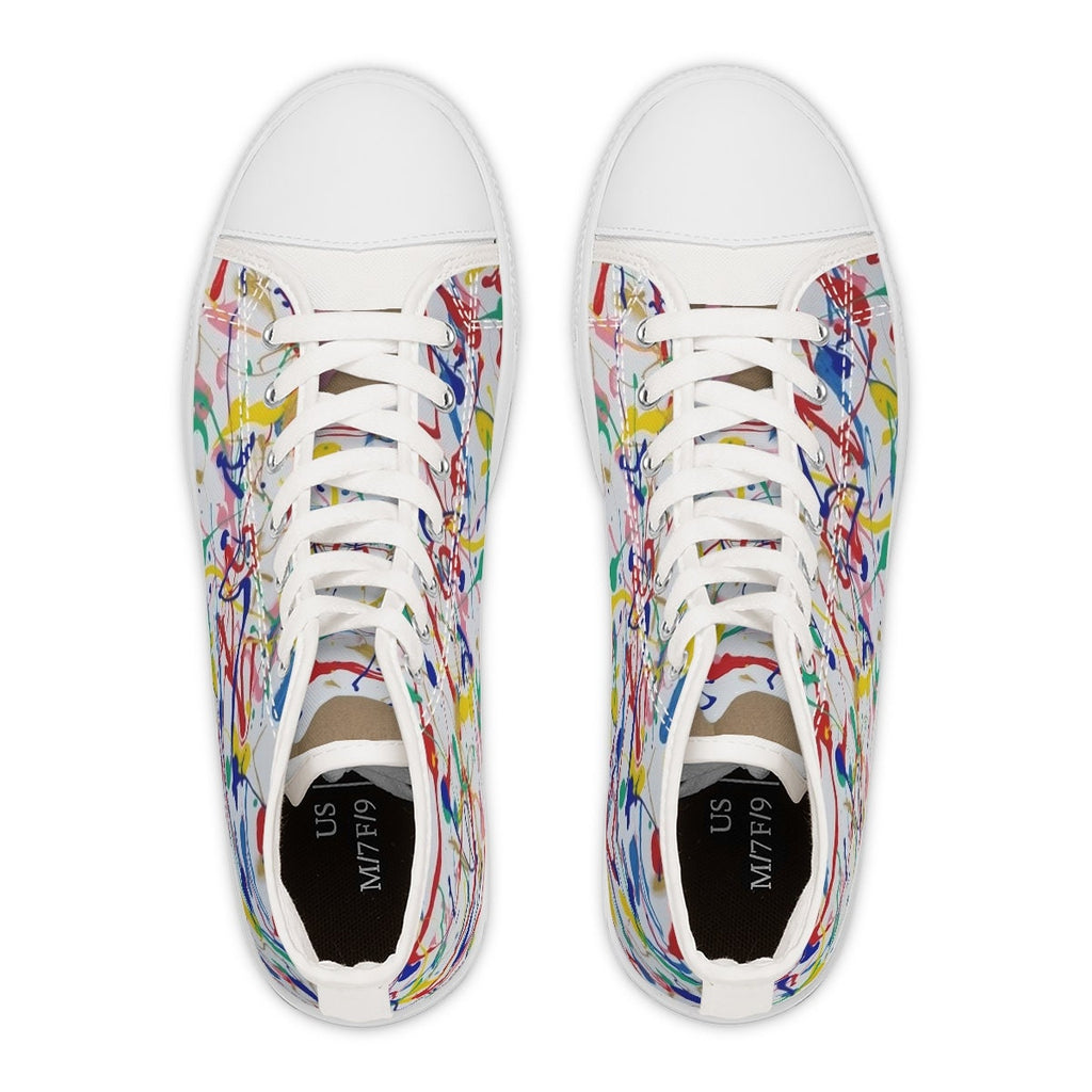 Rainbow Riot High-Top Boots – Multicolor Abstract Paint Splash Design on Eco Canvas