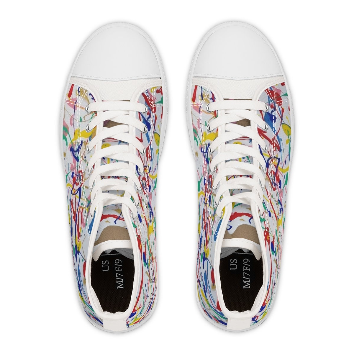 Rainbow Riot High-Top Boots – Multicolor Abstract Paint Splash Design on Eco Canvas