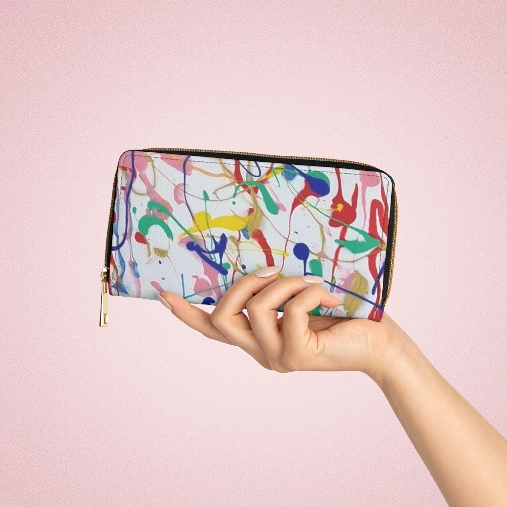 Rainbow Riot Vegan Leather Wallet: Abstract Art Zip-Around