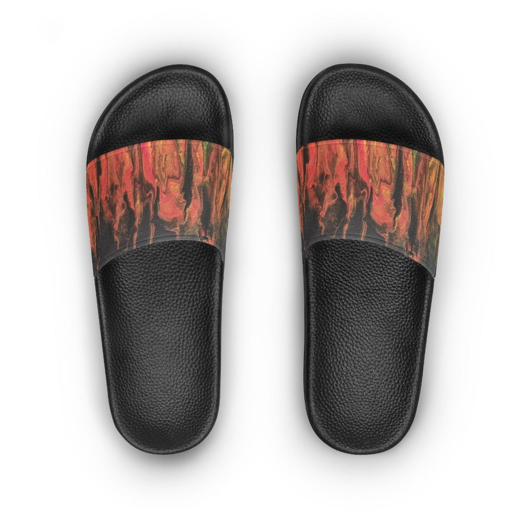 Flame Pattern Slides – Red & Orange Abstract Swirl – Artistic Slip-On Sandals for Men or Women