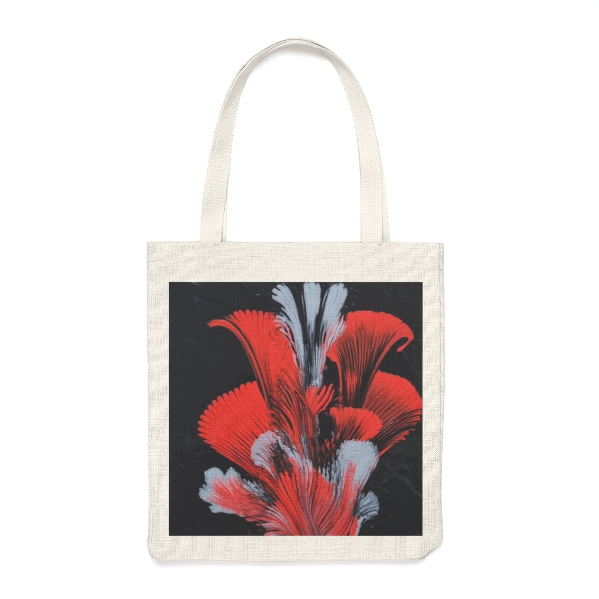 Feathered Motion Tote – Abstract Red & Gray Design – Eco-Friendly Canvas Bag