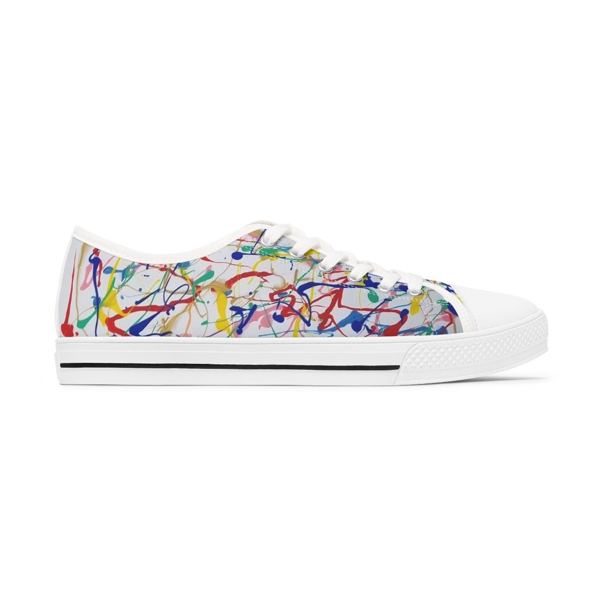 Rainbow Riot Low-Top Sneakers – Multicolor Paint Splash Design on Eco Canvas with White Sole