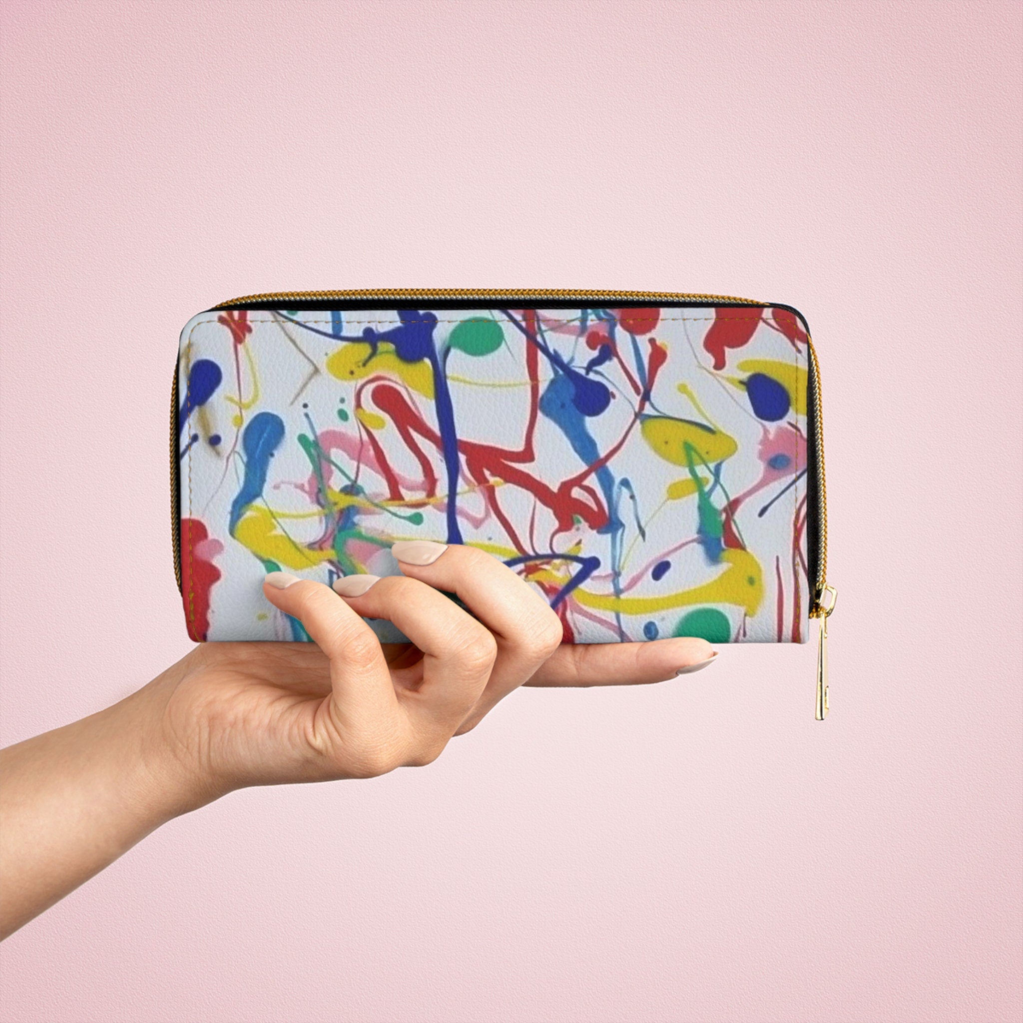 Rainbow Riot Vegan Leather Wallet: Abstract Art Zip-Around
