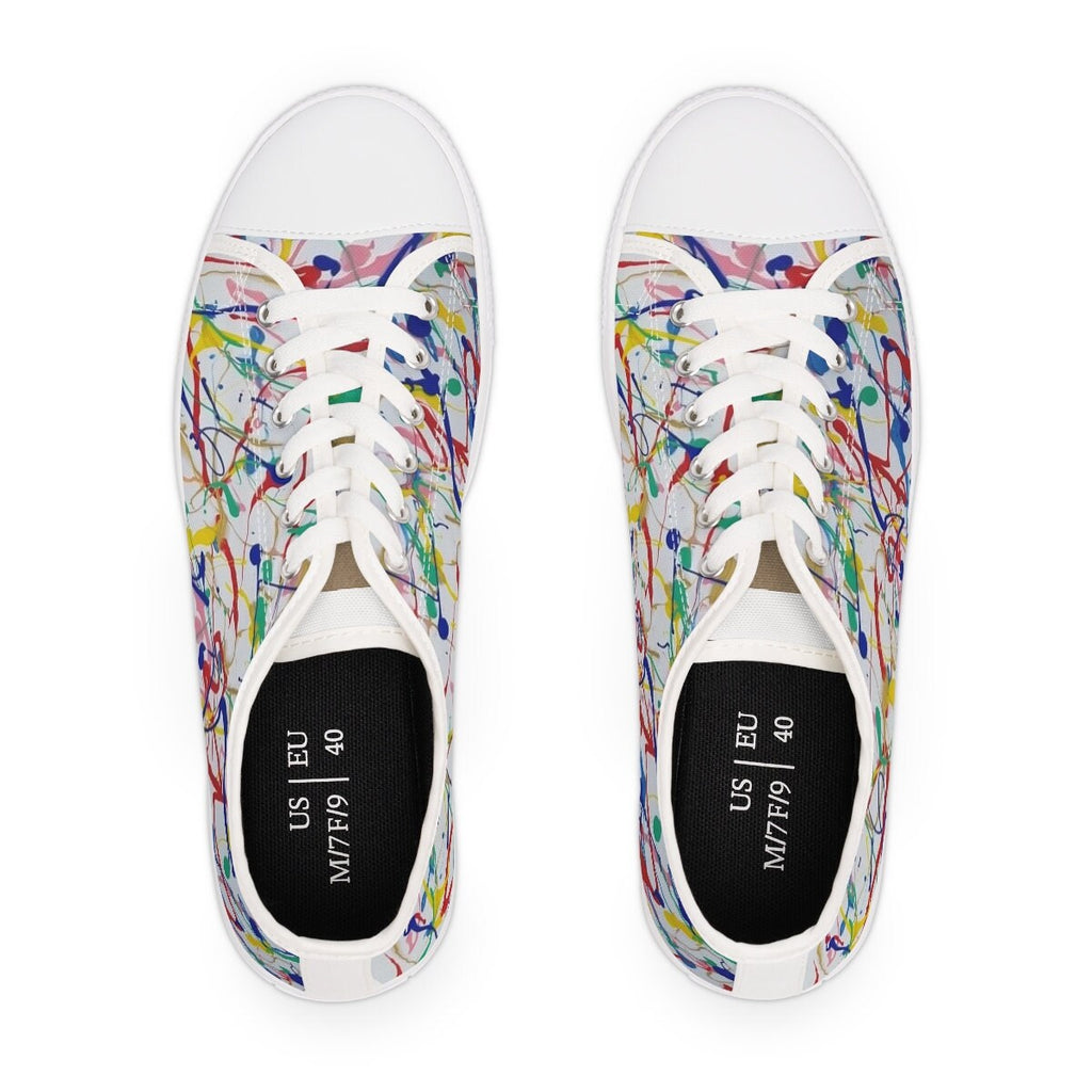 Rainbow Riot Low-Top Sneakers – Multicolor Paint Splash Design on Eco Canvas with White Sole
