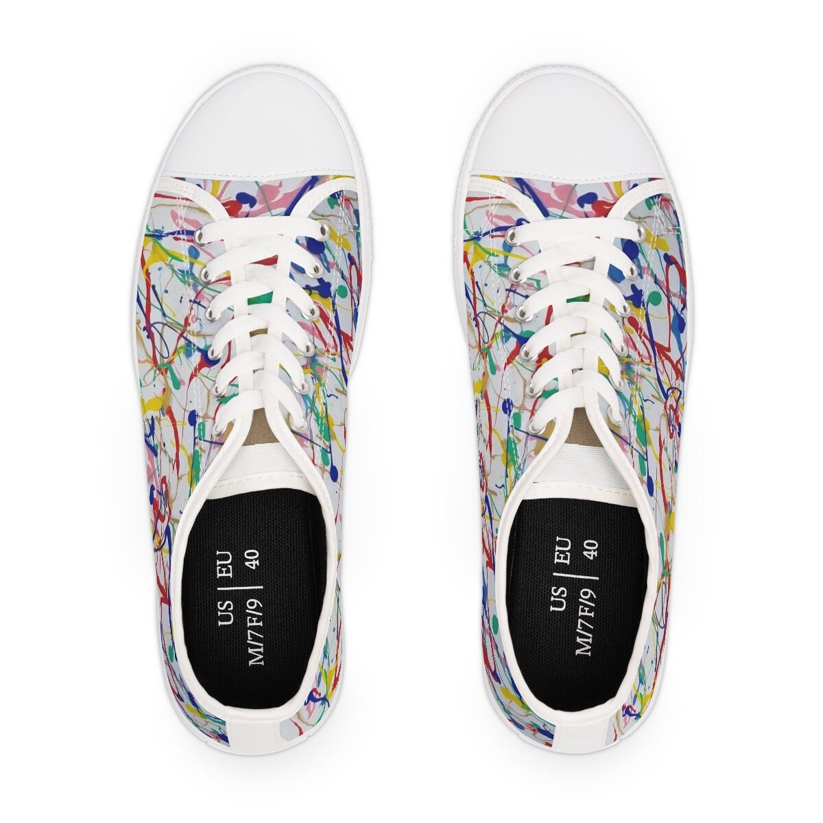 Rainbow Riot Low-Top Sneakers – Multicolor Paint Splash Design on Eco Canvas with White Sole