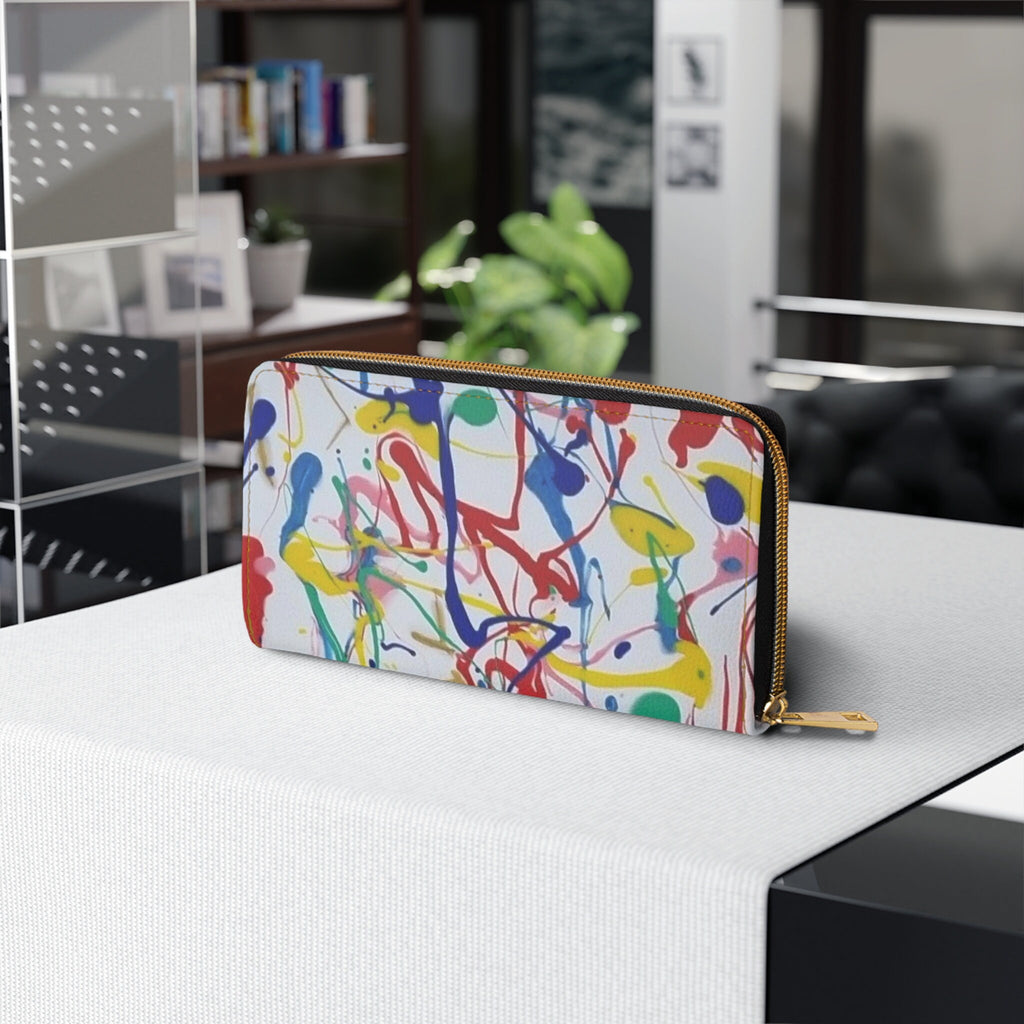 Rainbow Riot Vegan Leather Wallet: Abstract Art Zip-Around