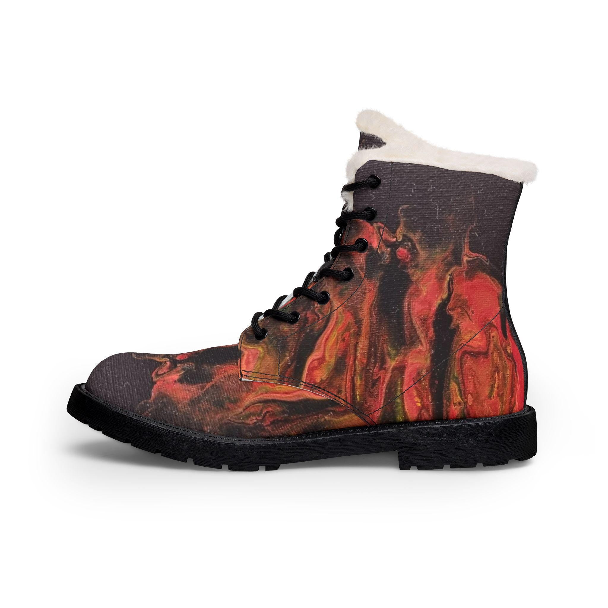 Abstract Red Flame Pattern Boots | Fur-Lined Leather Ankle Boots