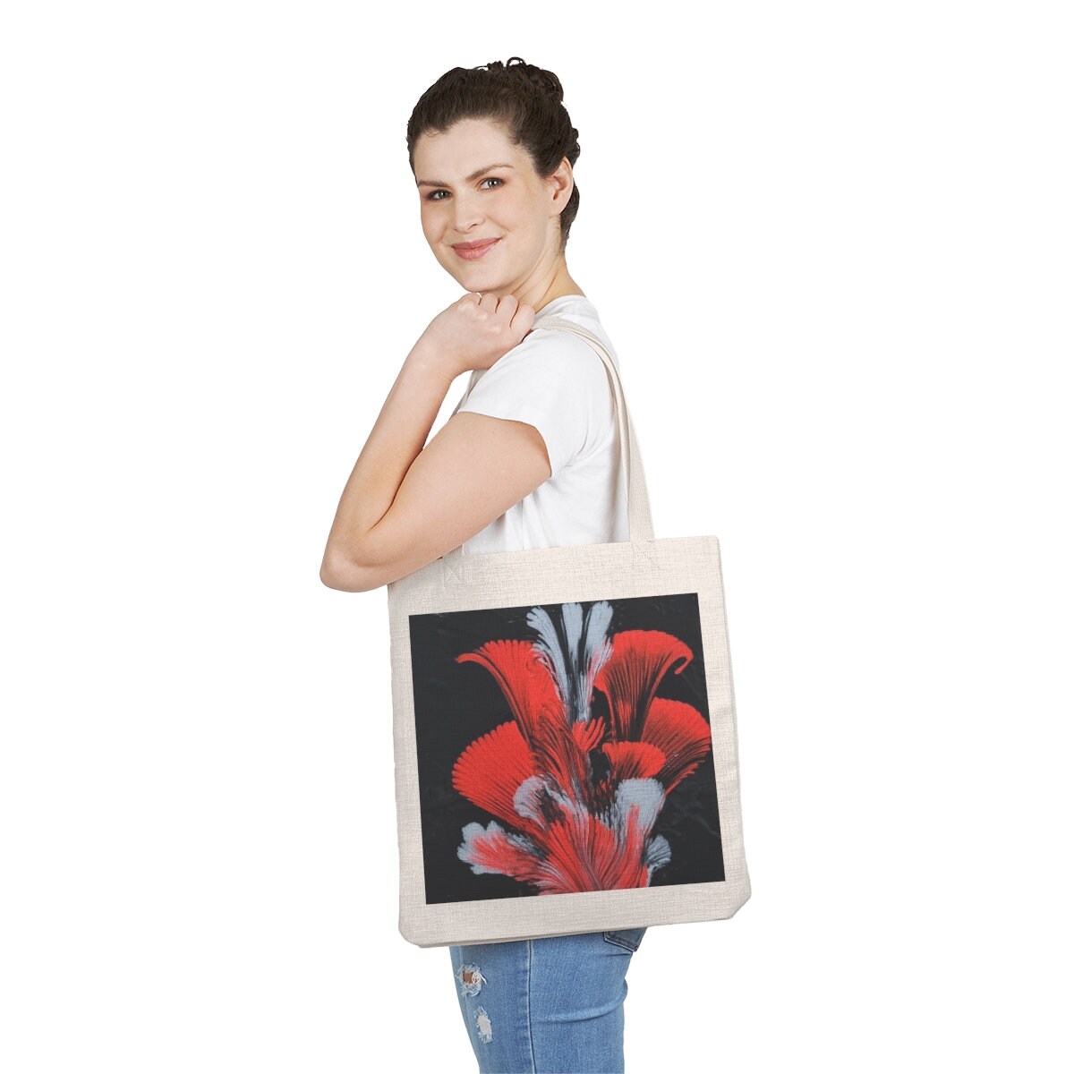 Feathered Motion Tote – Abstract Red & Gray Design – Eco-Friendly Canvas Bag