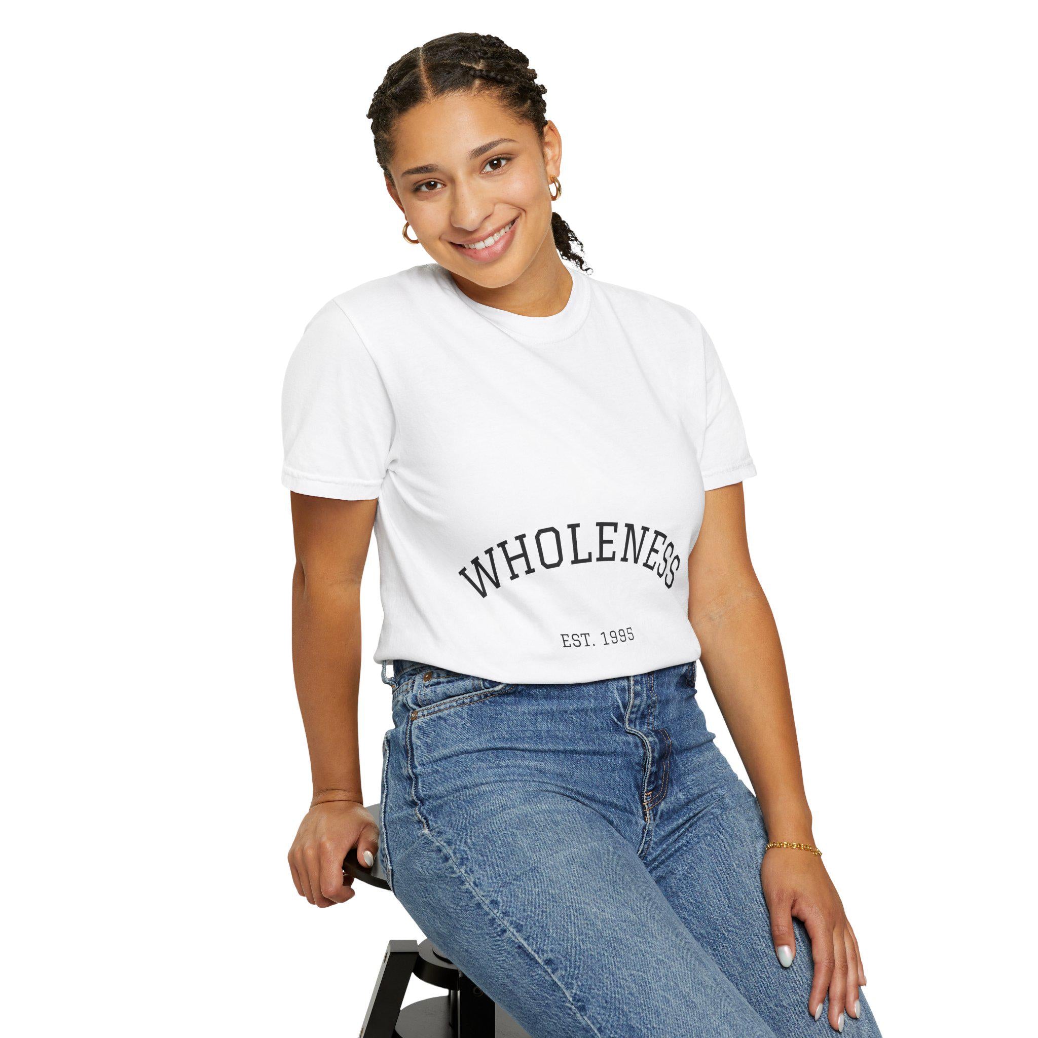 Wholeness arched text T-Shirt | minimalist est.1995 design