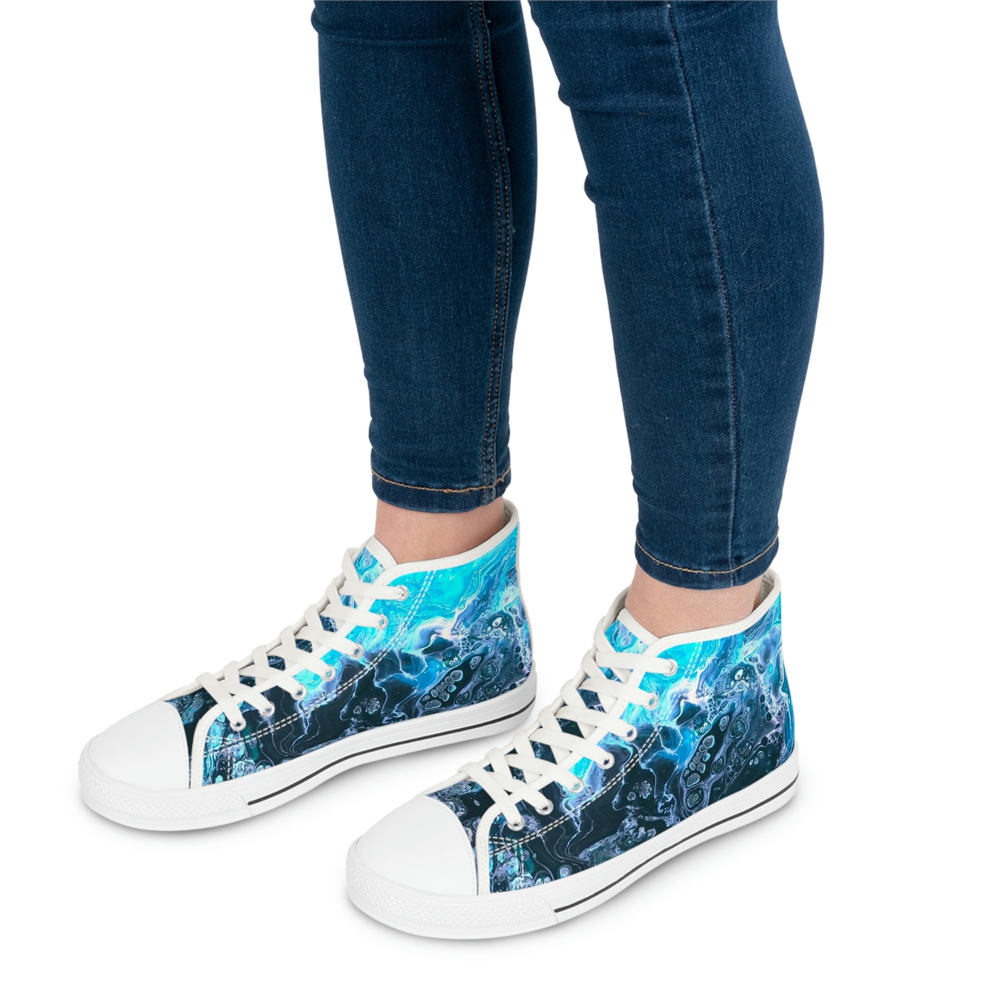 Ocean-Inspired High Top Sneakers – Unisex Bubble Wave Design – Blue Swirl Sea Shoes