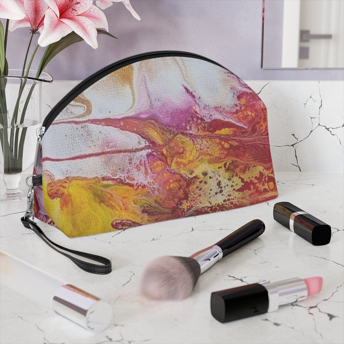 Vibrant Swirl Cosmetic Bag – Abstract Red Yellow White Pattern – Travel Pouch for Women