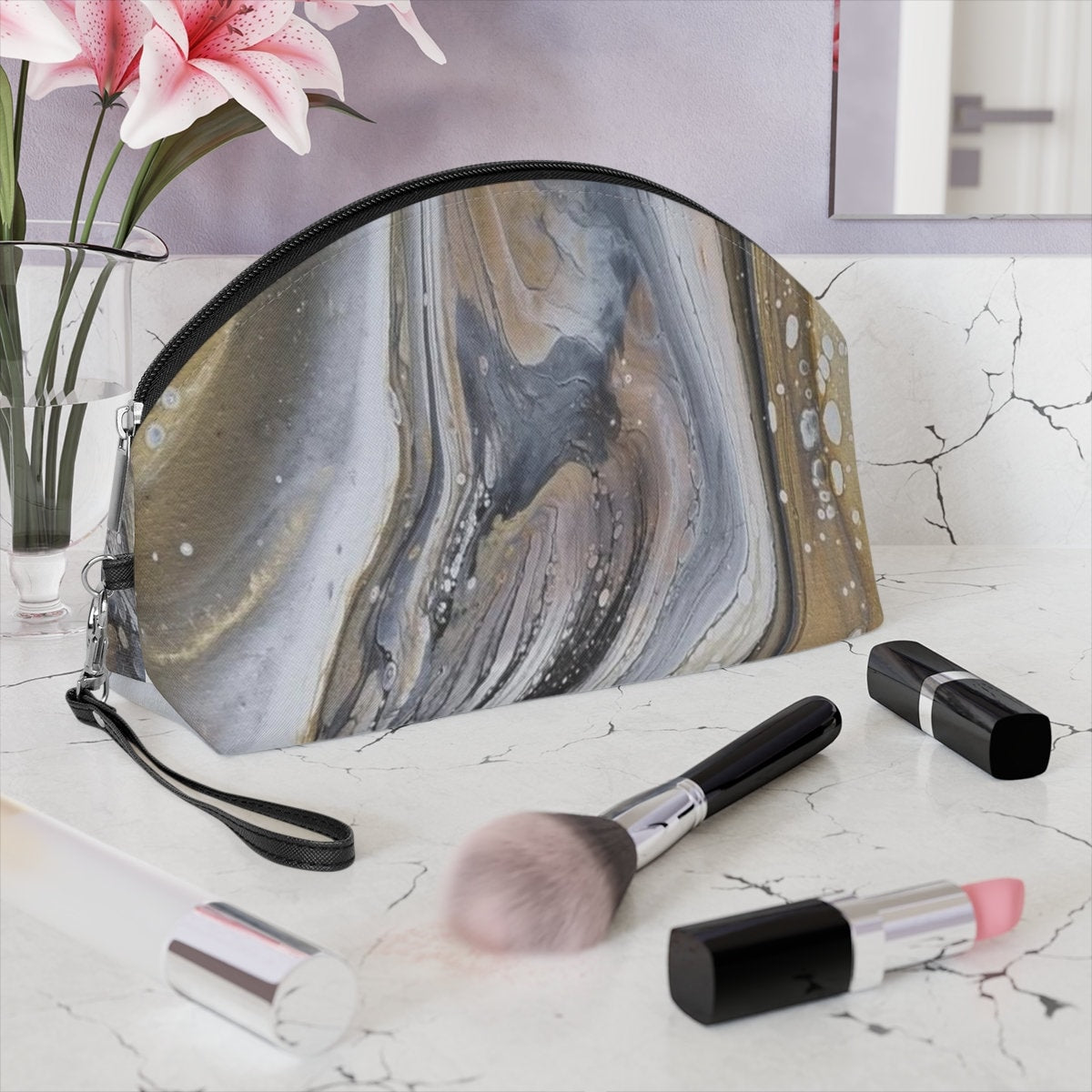 Makeup Travel Case – Oyster Drift Abstract Coastal Design, Eco-Friendly Organizer for Brushes & Essentials