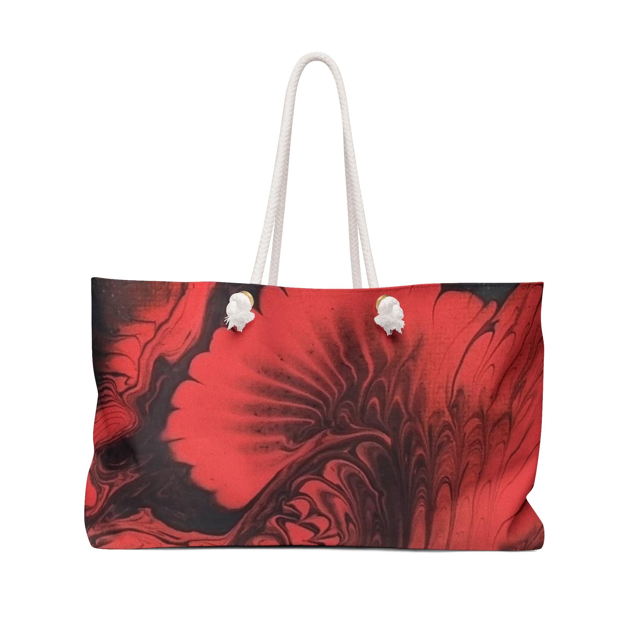 Red & Black Chain Art Shopper Bag: Bold Polyester Tote