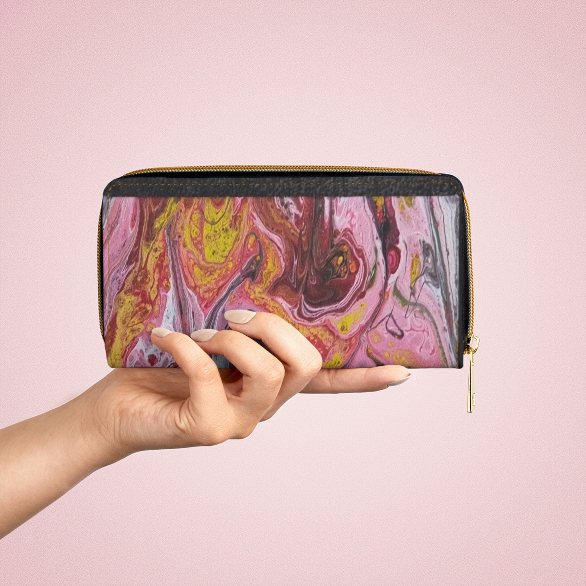 Paint Pulse Zipper Wallet – Abstract Marbled Art Clutch with Gold Zipper
