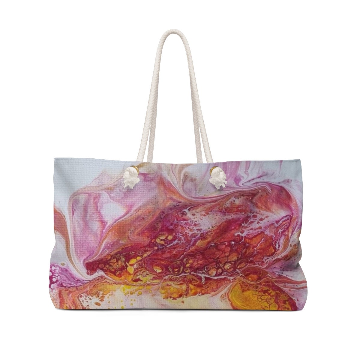 Sunset Swirl Tote – Marbled Weekender Bag with White Rope Handles – Gift for Art Lovers