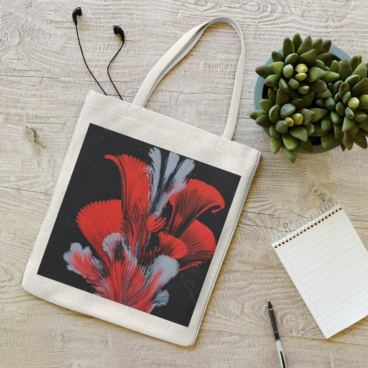 Feathered Motion Tote – Abstract Red & Gray Design – Eco-Friendly Canvas Bag