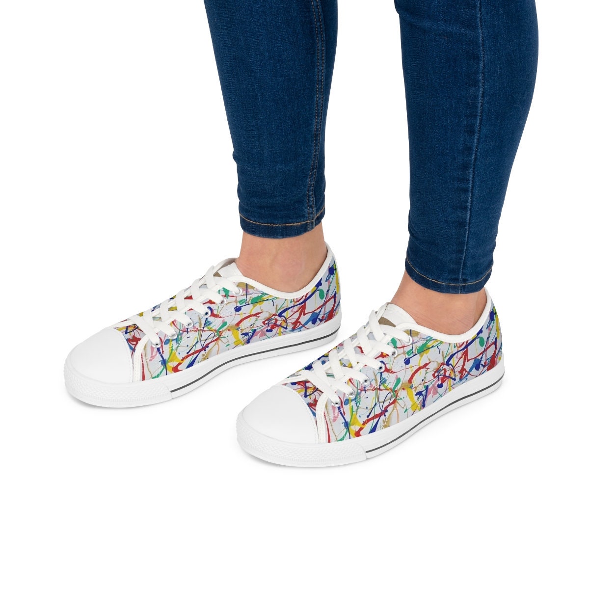 Rainbow Riot Low-Top Sneakers – Multicolor Paint Splash Design on Eco Canvas with White Sole