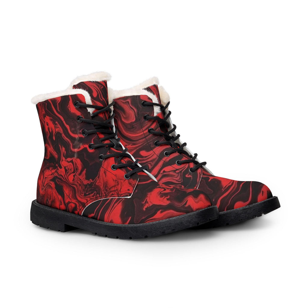 Red Marble Swirl Fur-Lined Leather Boots | Winter Lace-Up Ankle Boots