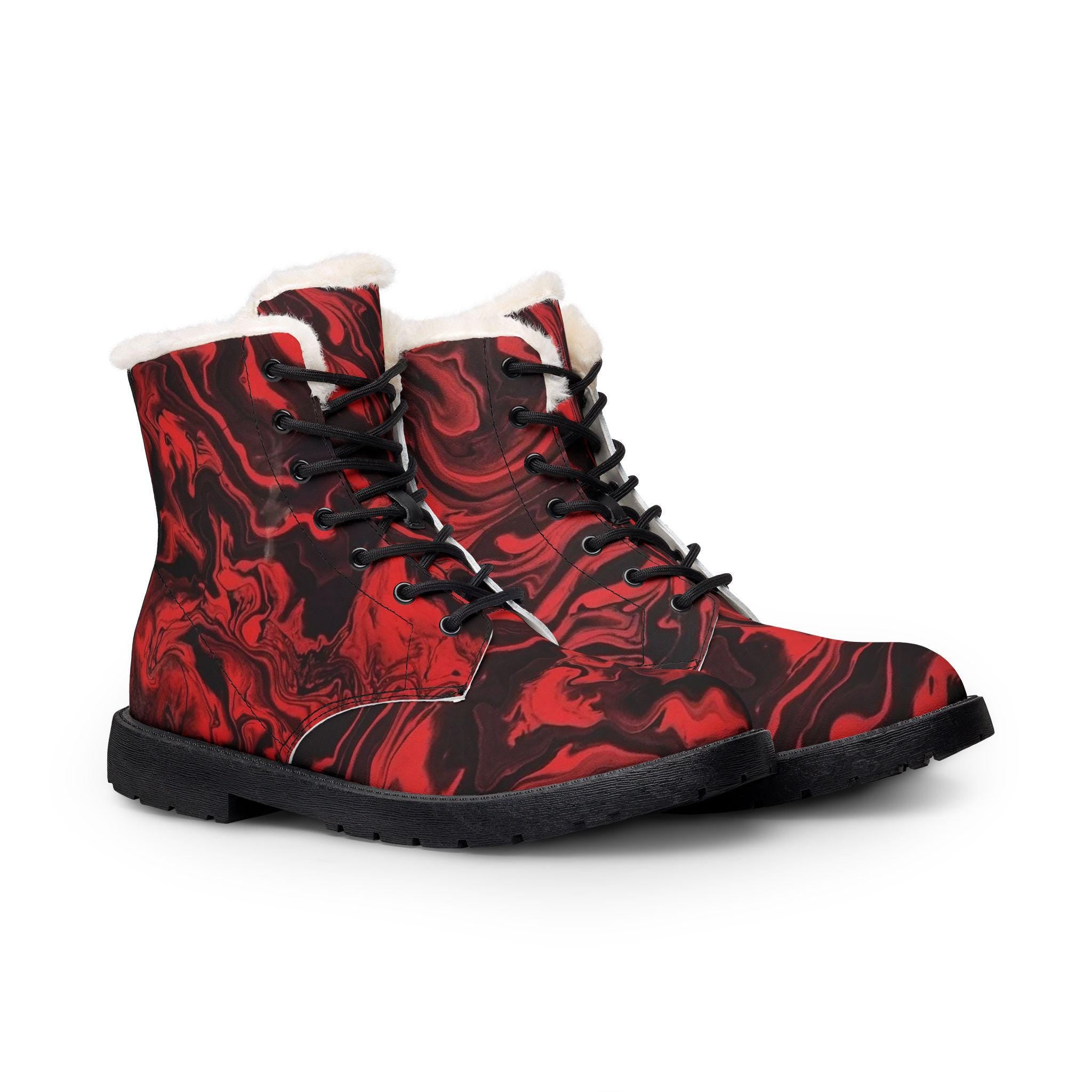 Red Marble Swirl Fur-Lined Leather Boots | Winter Lace-Up Ankle Boots