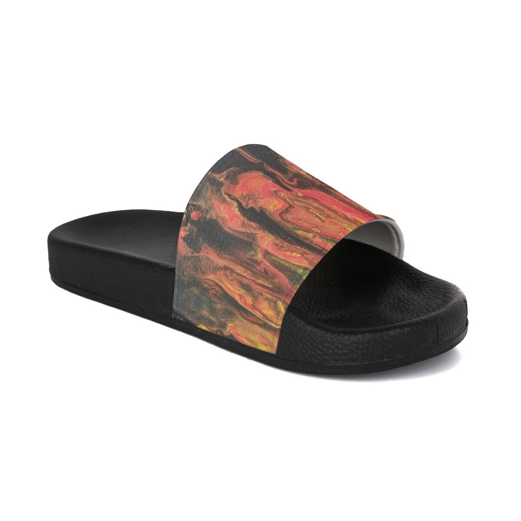 Flame Pattern Slides – Red & Orange Abstract Swirl – Artistic Slip-On Sandals for Men or Women