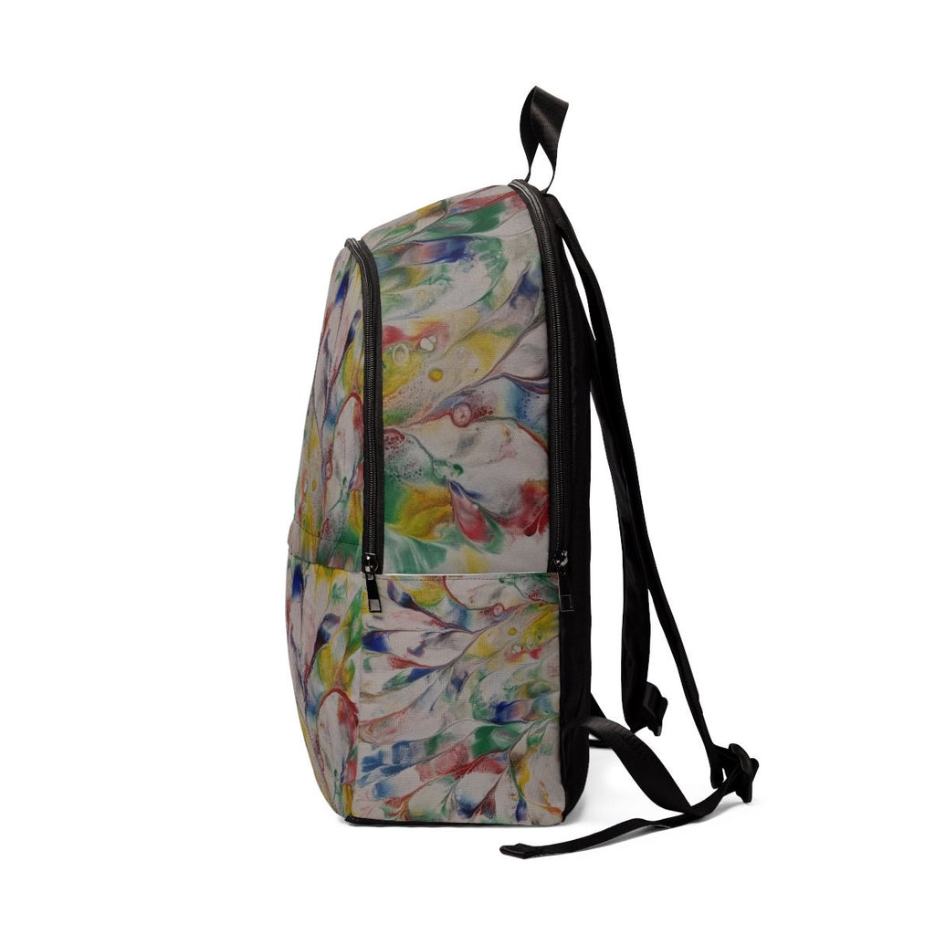 Rainbow Drift Backpack – Smudged Abstract Paint Design on Eco Canvas with Zipper & Side Pocket