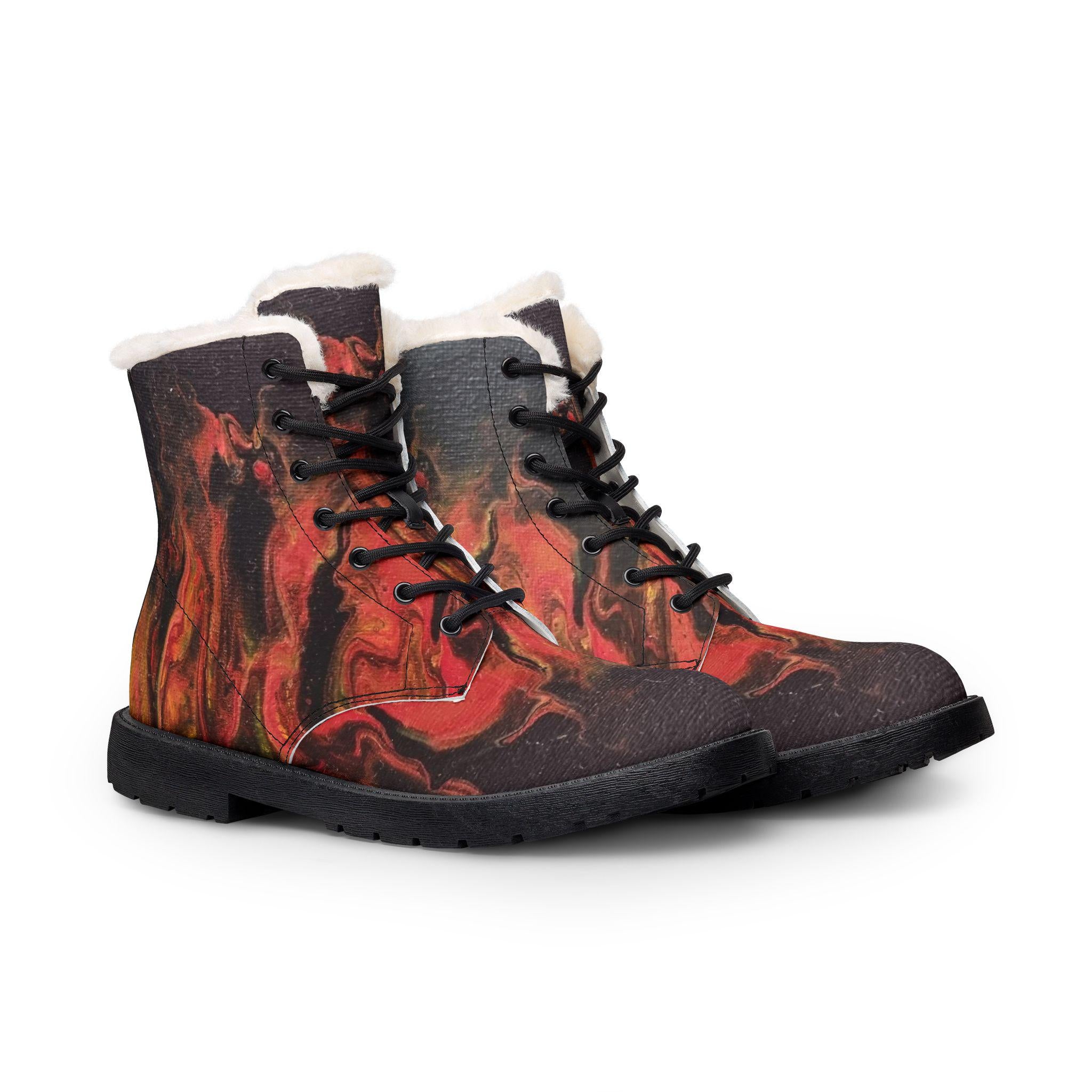 Abstract Red Flame Pattern Boots | Fur-Lined Leather Ankle Boots